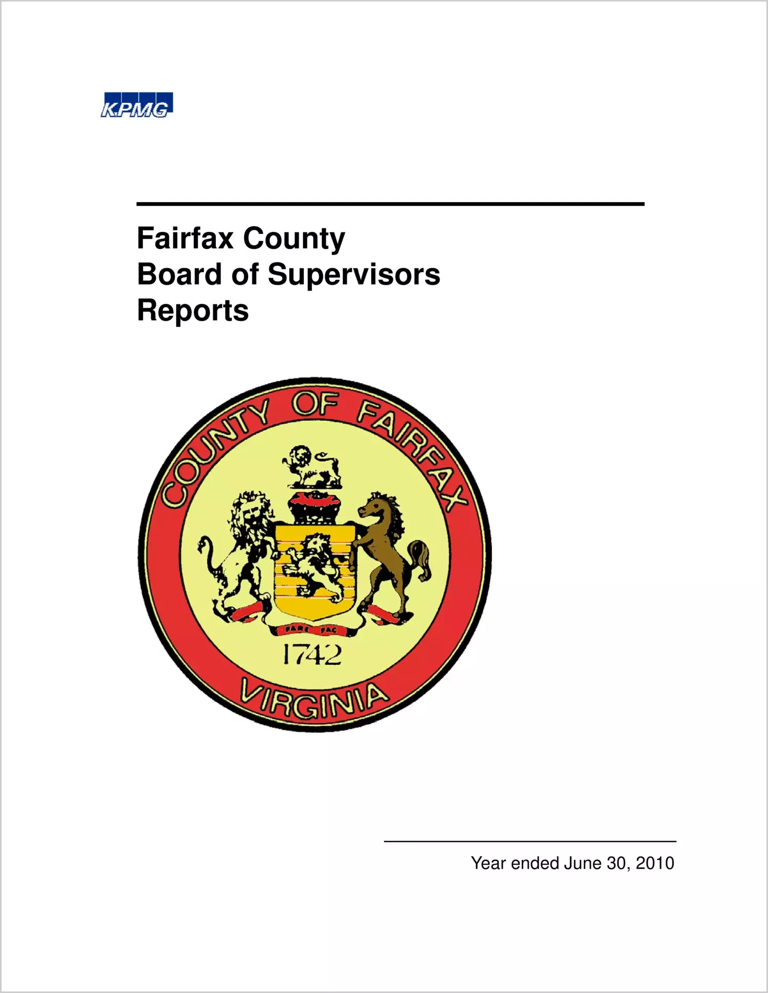 2010 Internal Control and Compliance Report for County of Fairfax