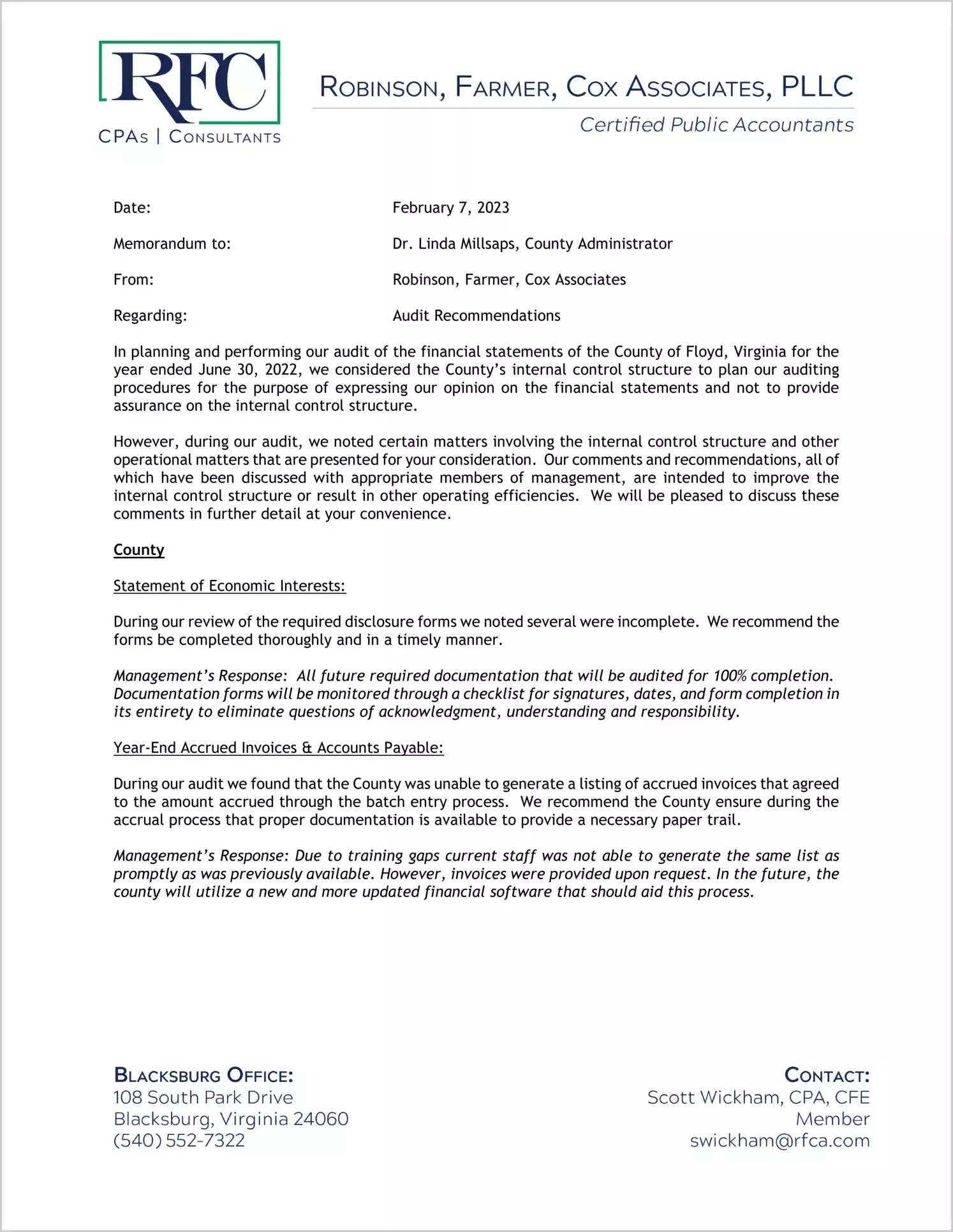 preview of 2022 Management Letter for County of Floyd