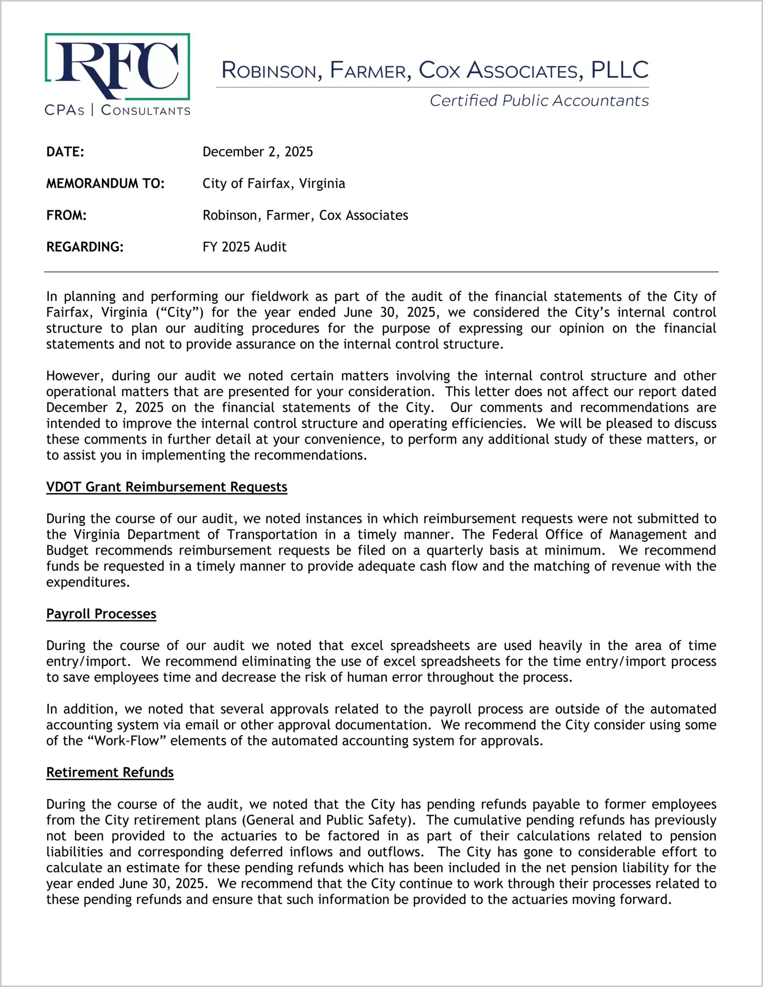 preview of 2025 Management Letter for City of Fairfax
