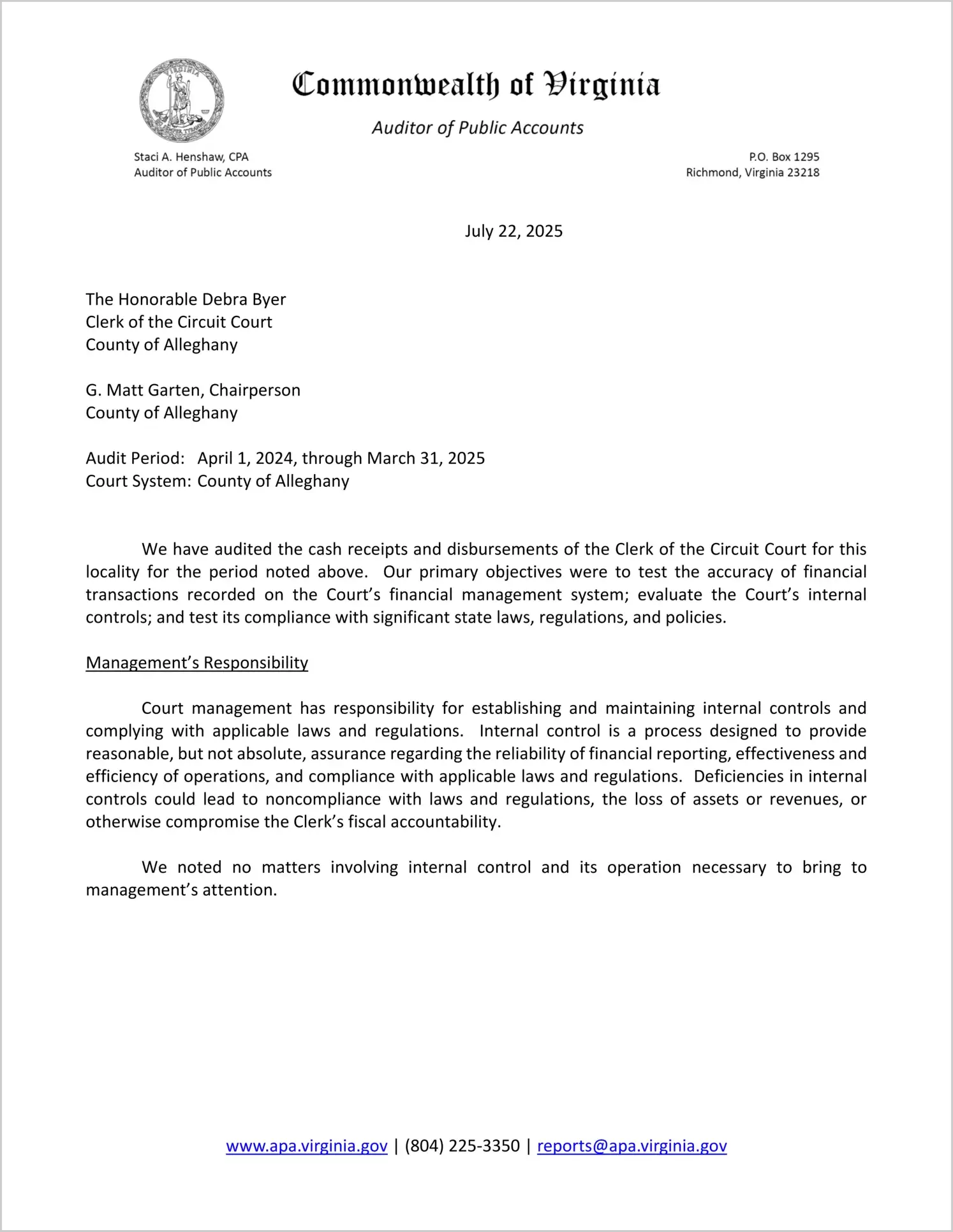 Clerk of the Circuit Court for the County of Alleghany for the period April 1, 2024 through March 31, 2025