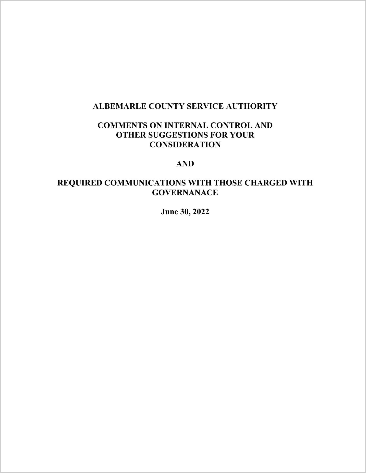 preview of 2022 ABC/Other Management Letter for Albemarle County Service Authority