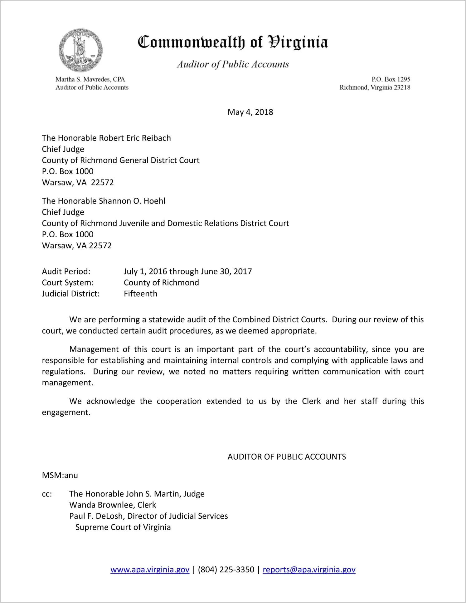 Combined District Court for the County of Richmond for the period July 1, 2016 through June 30, 2017