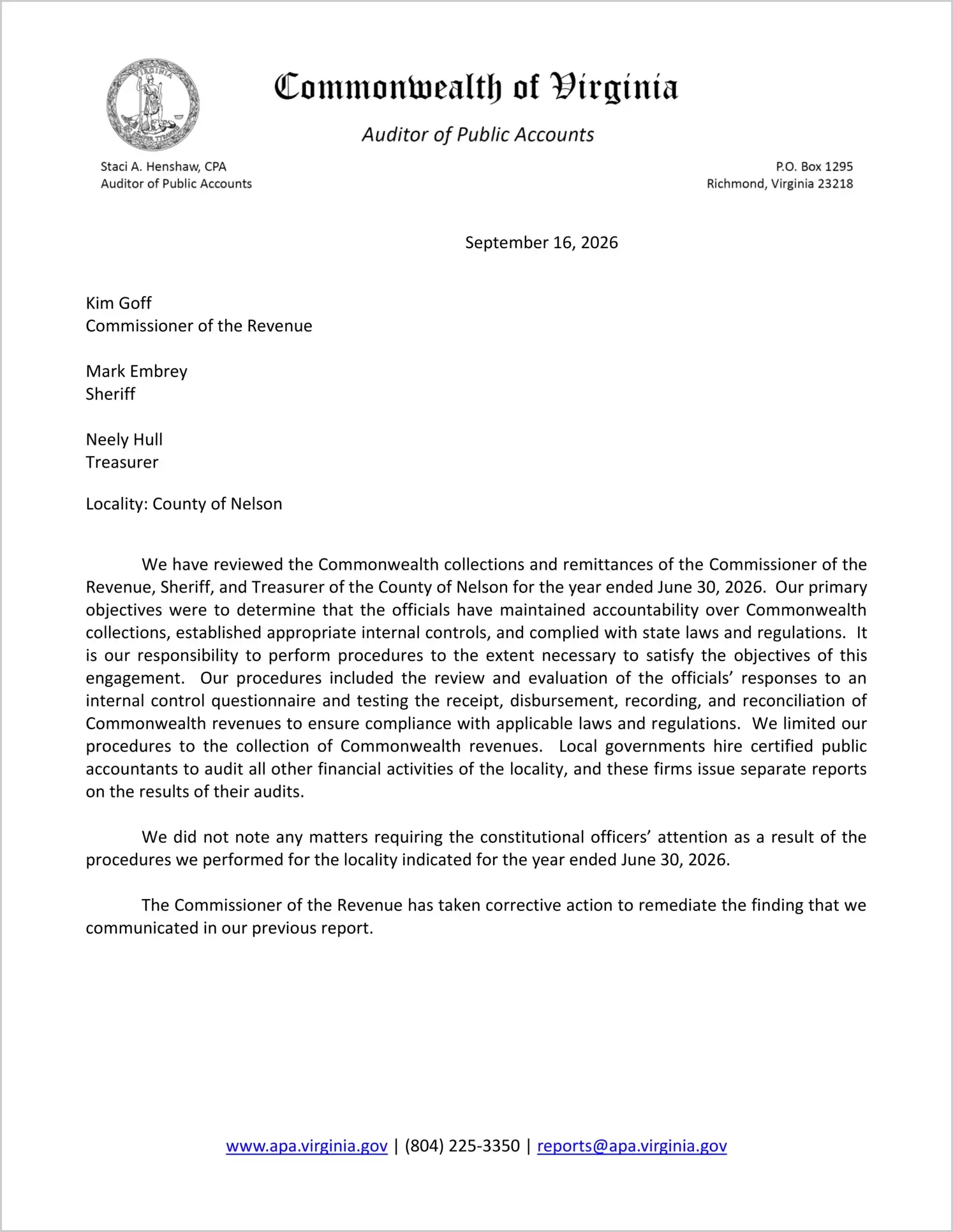 preview of Commonwealth Collections and Remittances of the Commissioner of the Revenue, Sheriff, and Treasurer for the County of Nelson for the year ended June 30, 2026