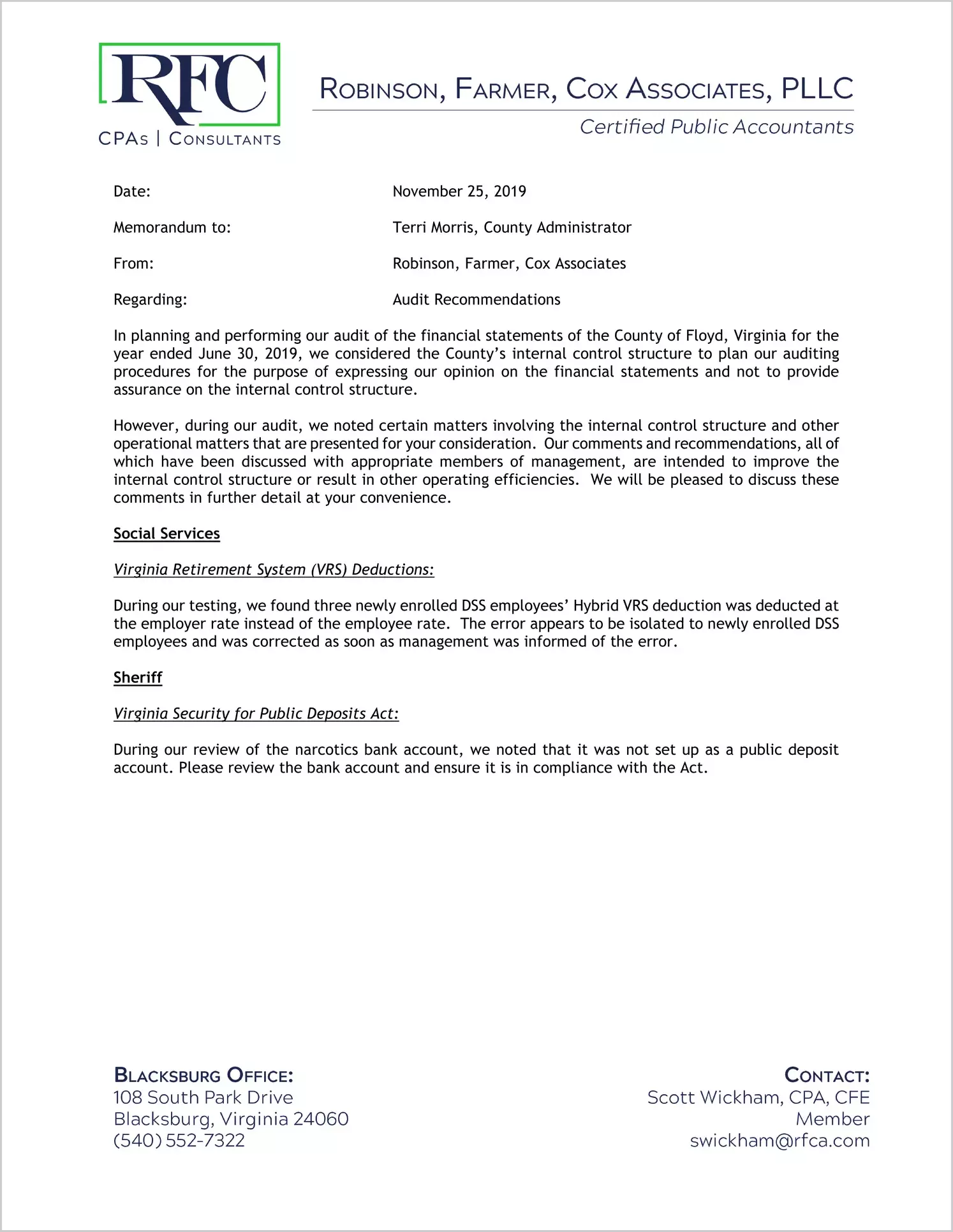 2019 Management Letter for County of Floyd