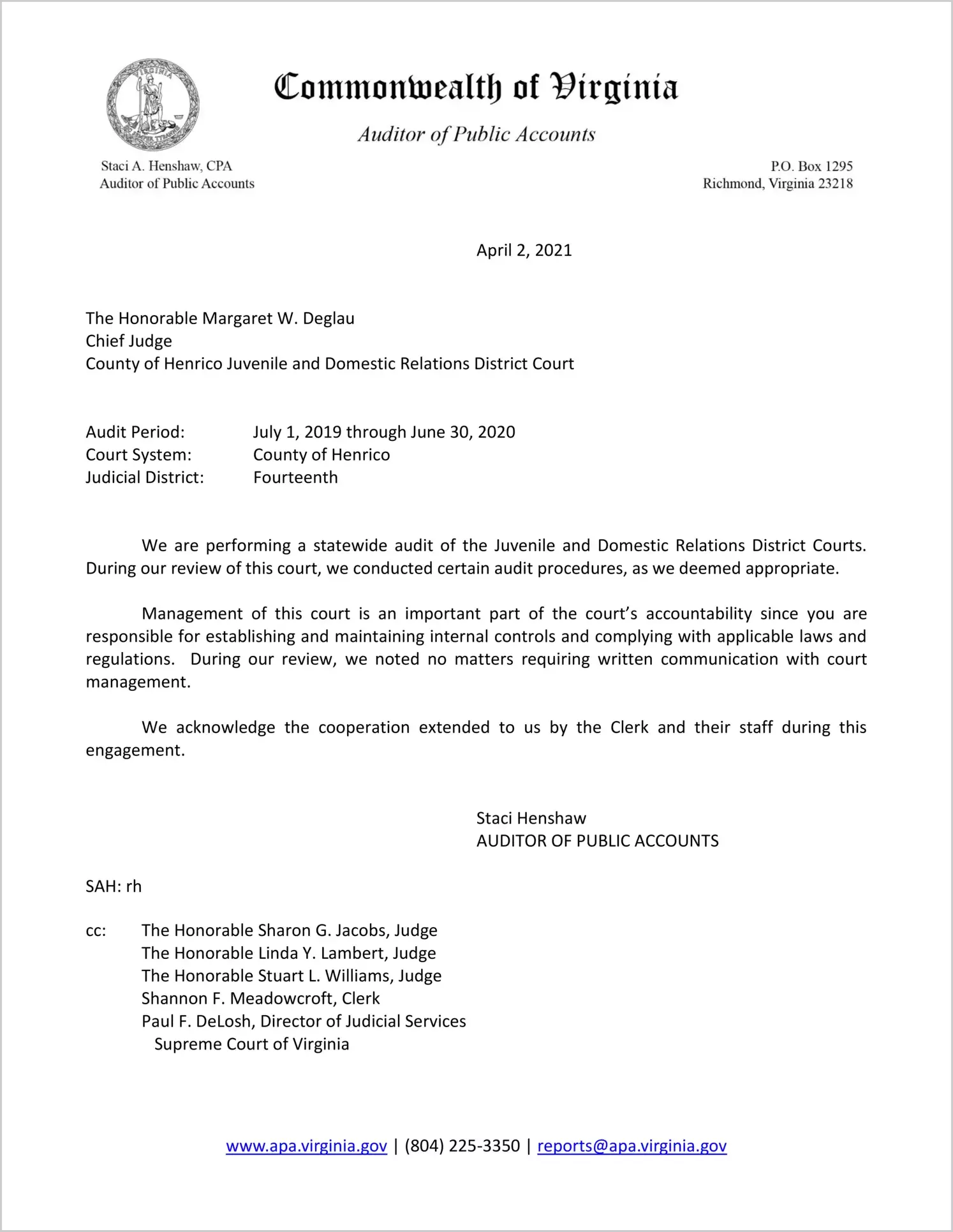 Juvenile and Domestic Relations Court for the County of Henrico for the period July 1, 2019 through June 30, 2020