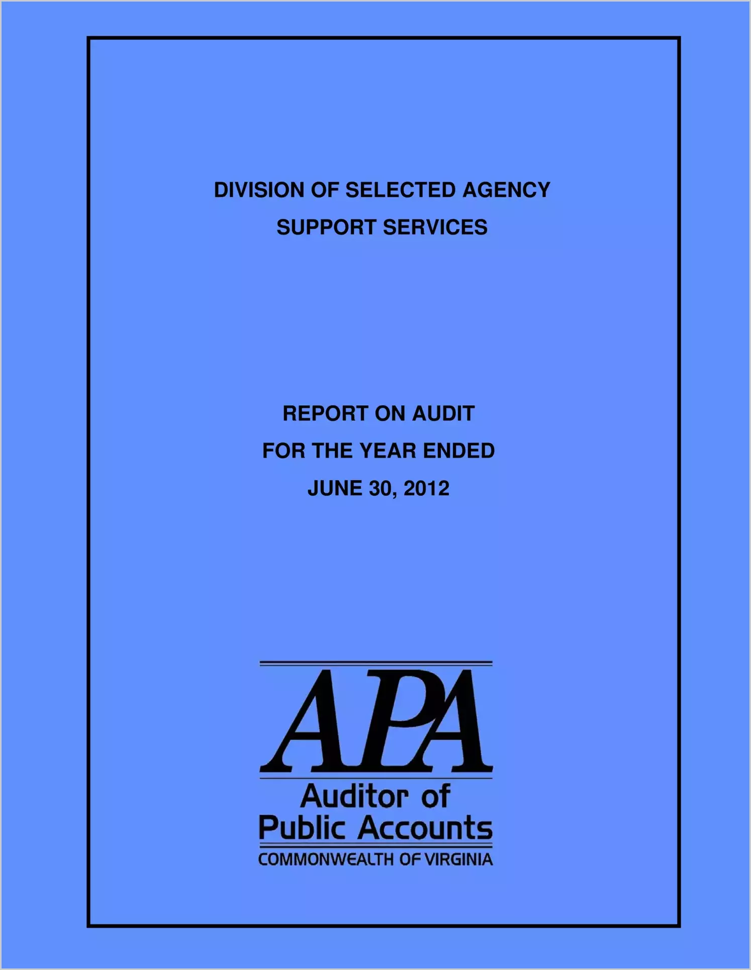 Division of Selected Agency Support Services for the year ended June 30, 2012