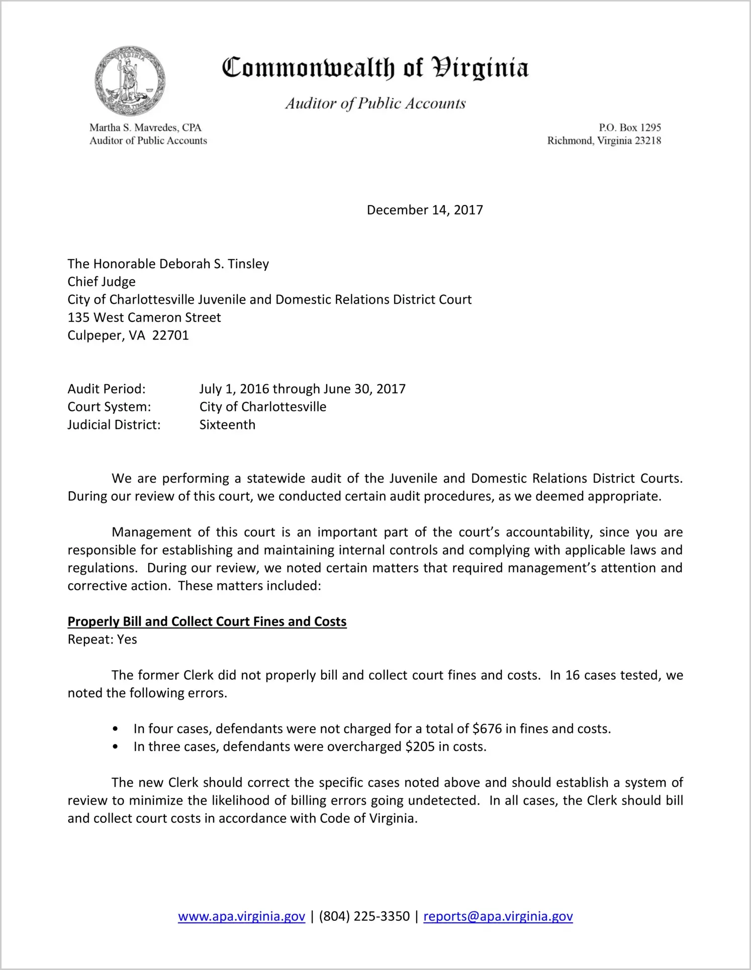 Juvenile and Domestic Relations Court for the City of Charlottesville for he period July 1, 2016 through June 30, 2017