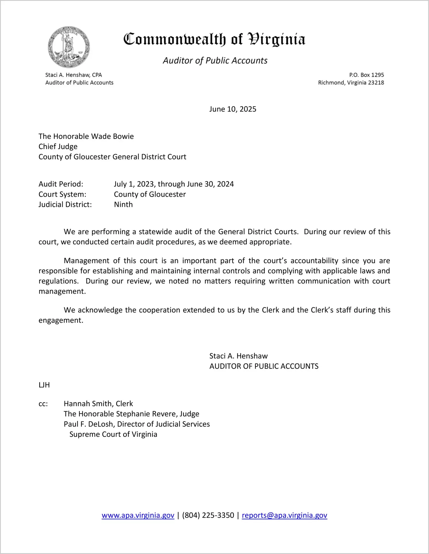 General District Court for the County of Gloucester for the period July 1, 2023 through June 30, 2024