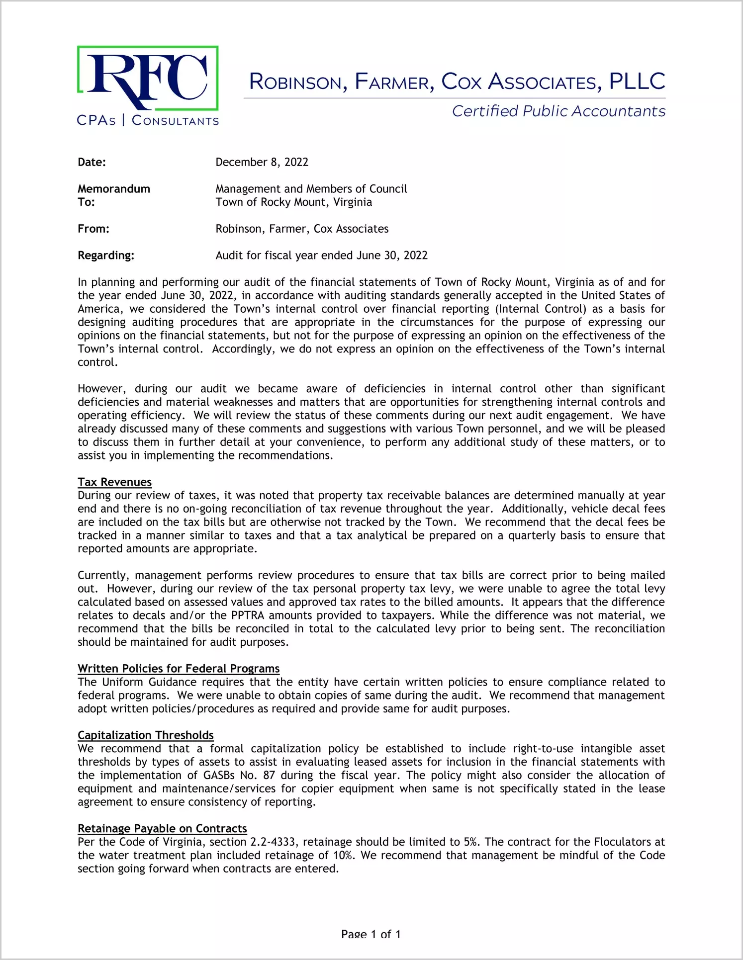 preview of 2022 Management Letter for Town of Rocky Mount