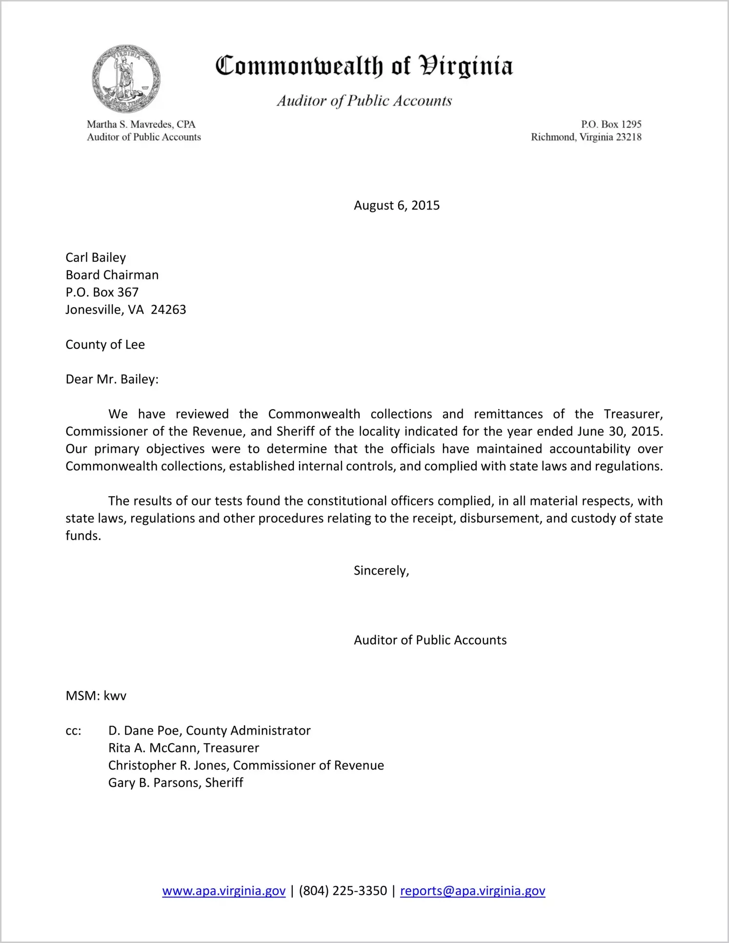 Commonwealth collections and remittances of the Treasurer, Commissioner of the Revenue, and Sheriff of the County of Lee for the year ended June 30, 2015