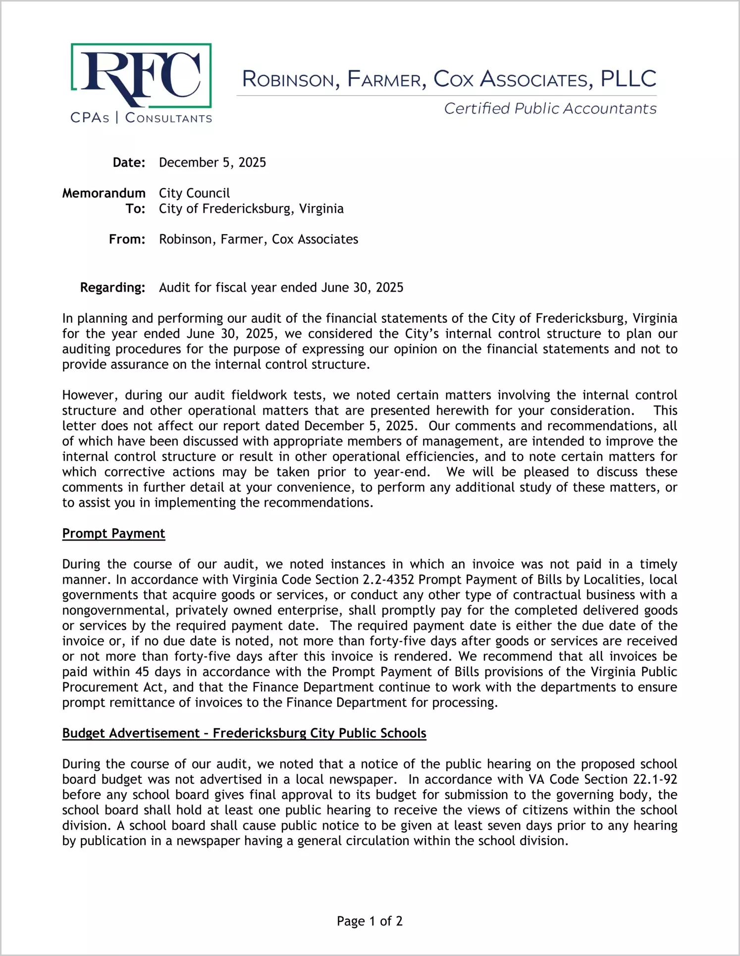 preview of 2025 Management Letter for City of Fredericksburg