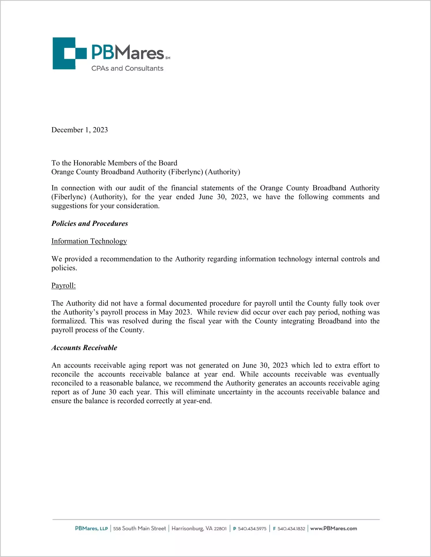 preview of 2023 ABC/Other Management Letter for Orange County Broadband Authority