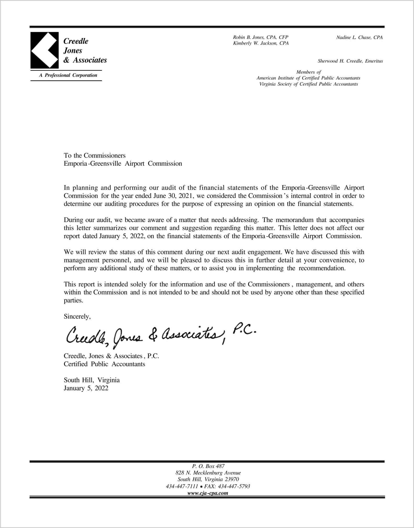 preview of 2021 ABC/Other Management Letter for Emporia Greensville Airport Commission