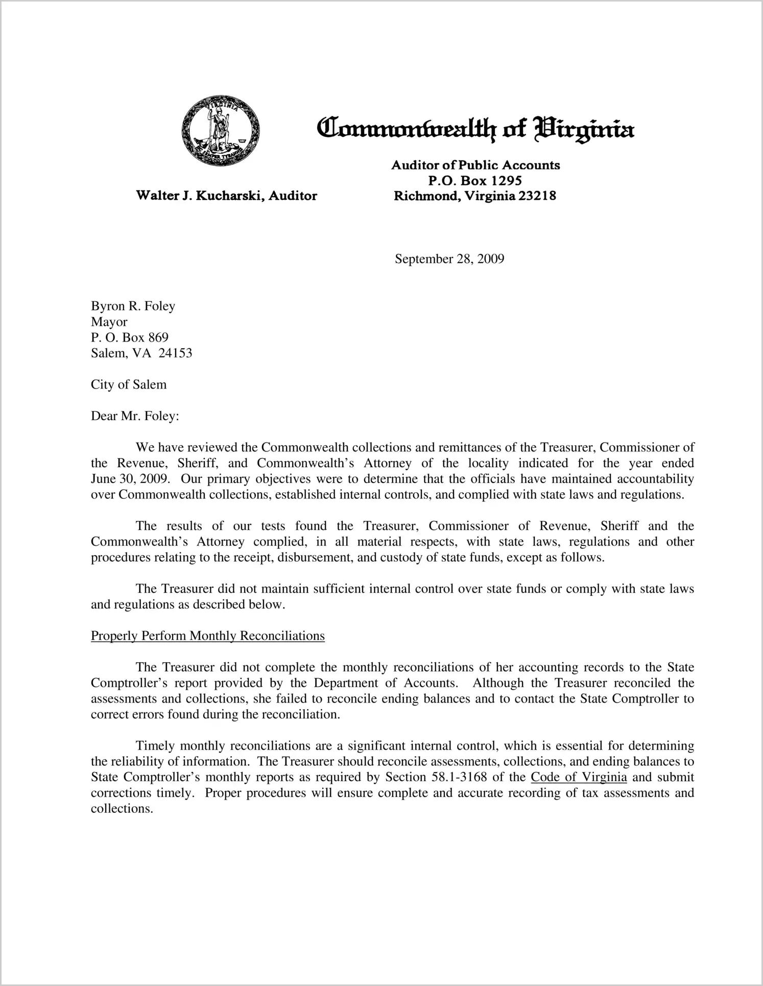 Commonwealth collections and remittances of the Treasurer, Commissioner of the Revenue, and Sheriff of the City of Salem for the year ended June 30, 2009