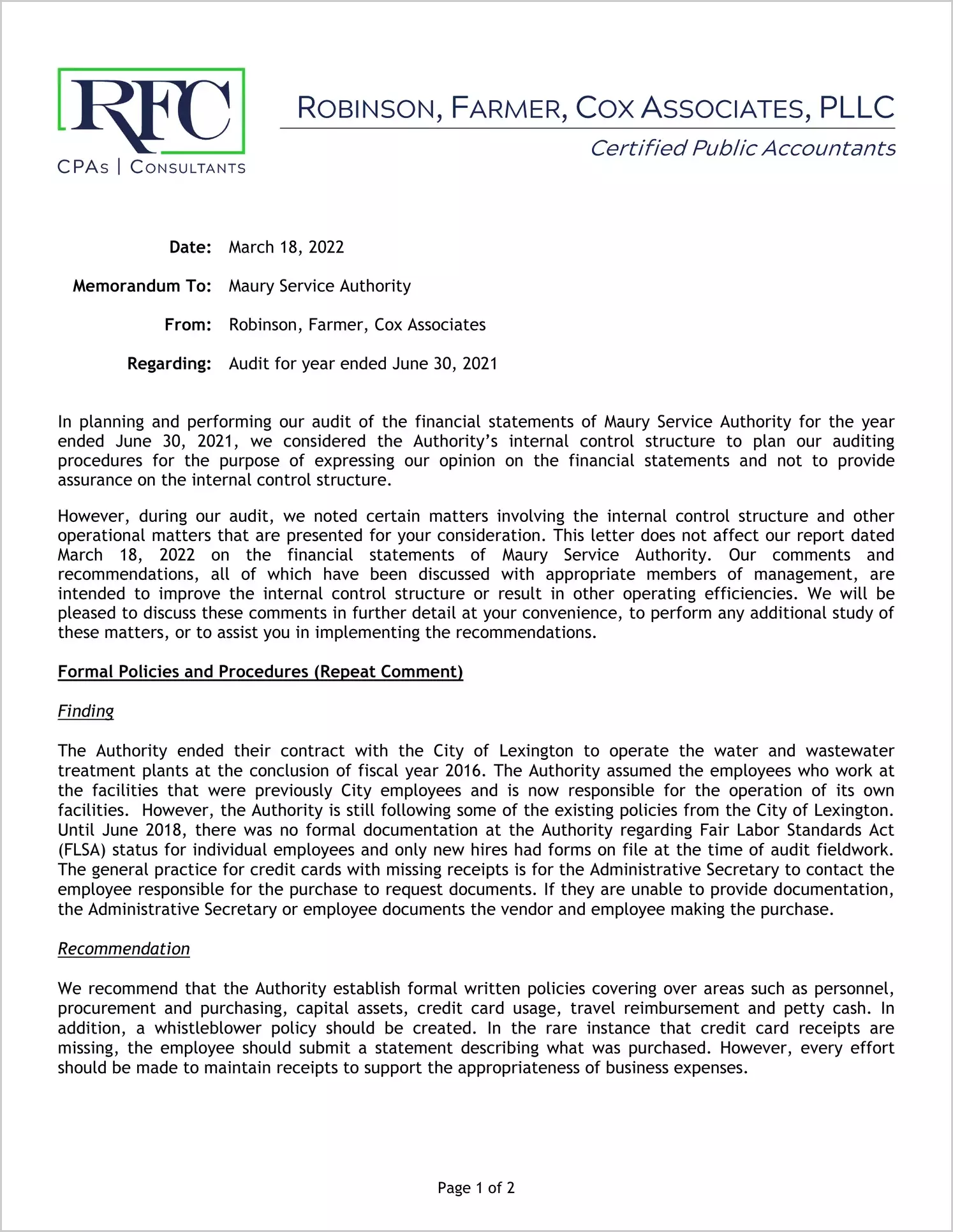preview of 2021 ABC/Other Management Letter for Maury Service Authority
