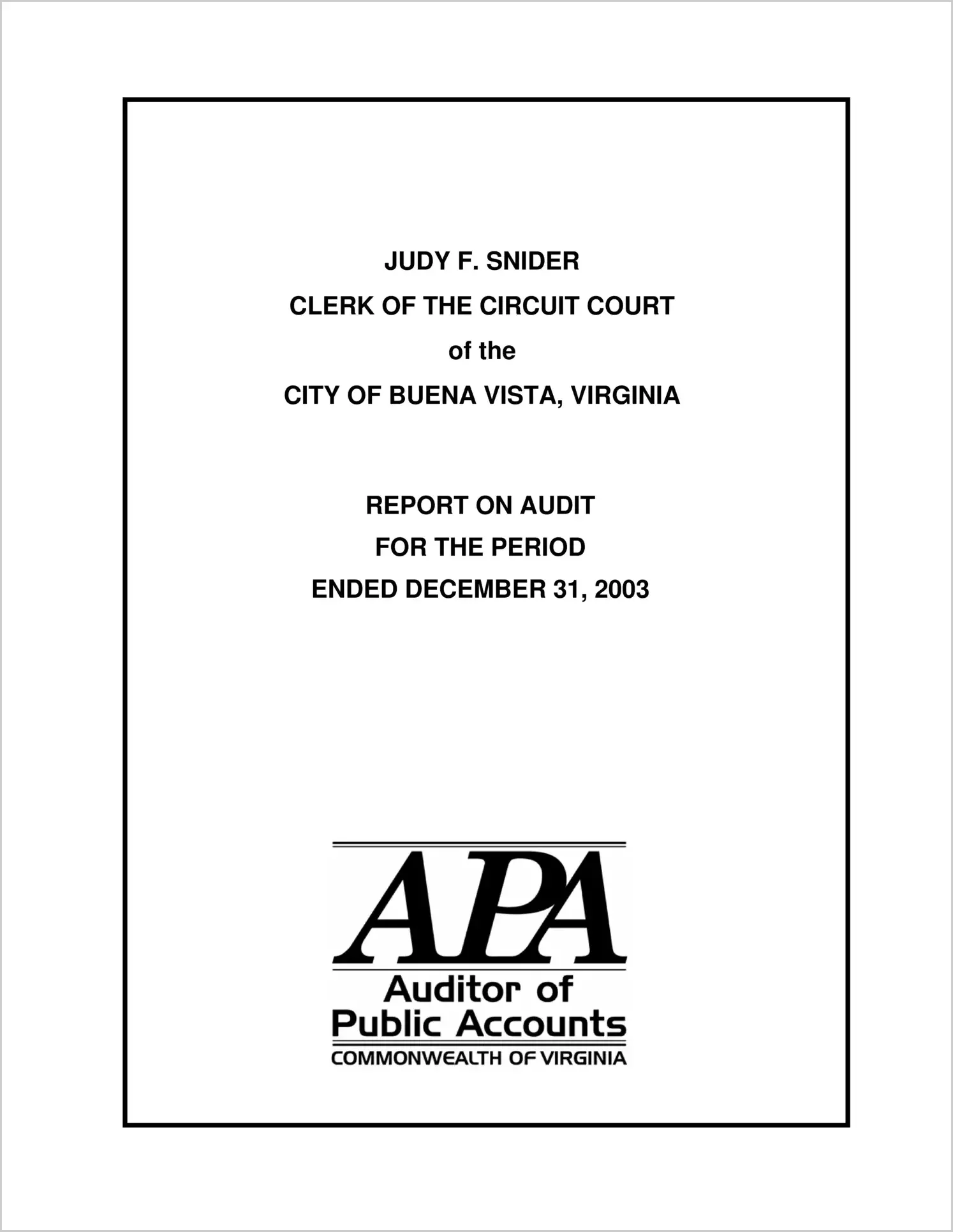 Clerk of the Circuit Court for the City of Buena Vista for the period ended December 31, 2003