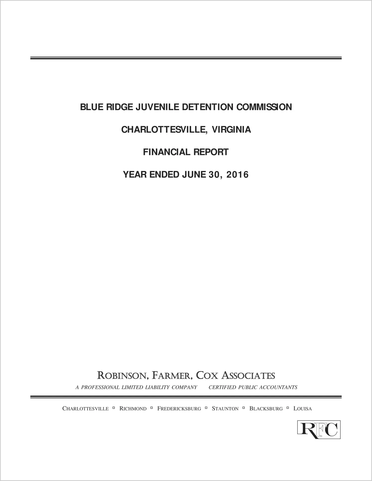 2016 ABC/Other Annual Financial Report  for Blue Ridge Juvenile Detention Commission