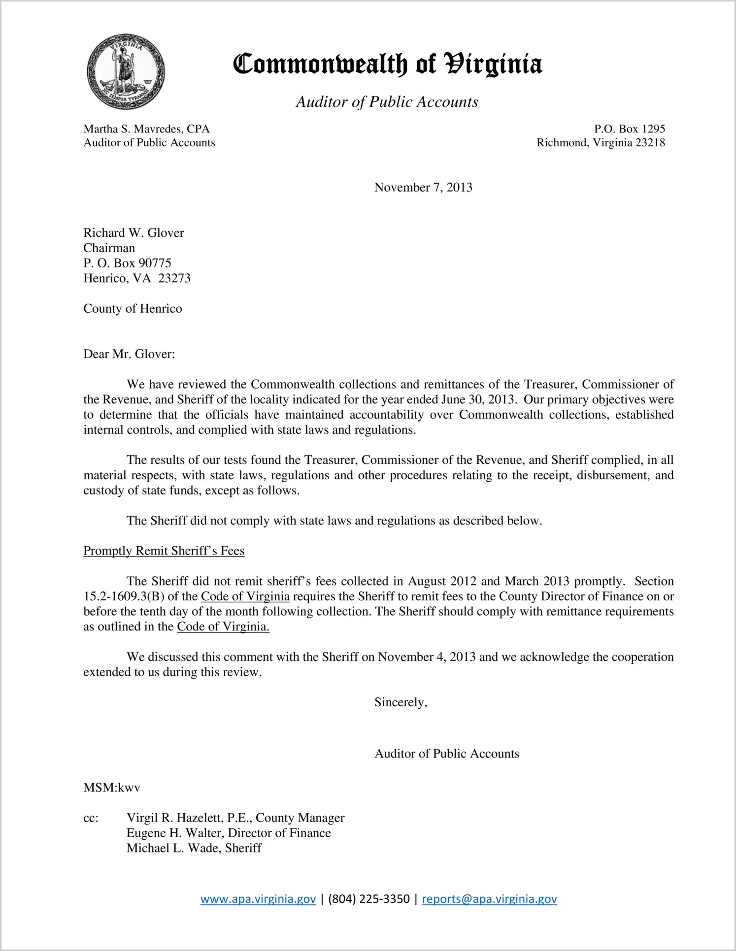 Commonwealth collections and remittances of the Treasurer, Commissioner of the Revenue, and Sheriff of the County of Henrico for the year ended June 30, 2013