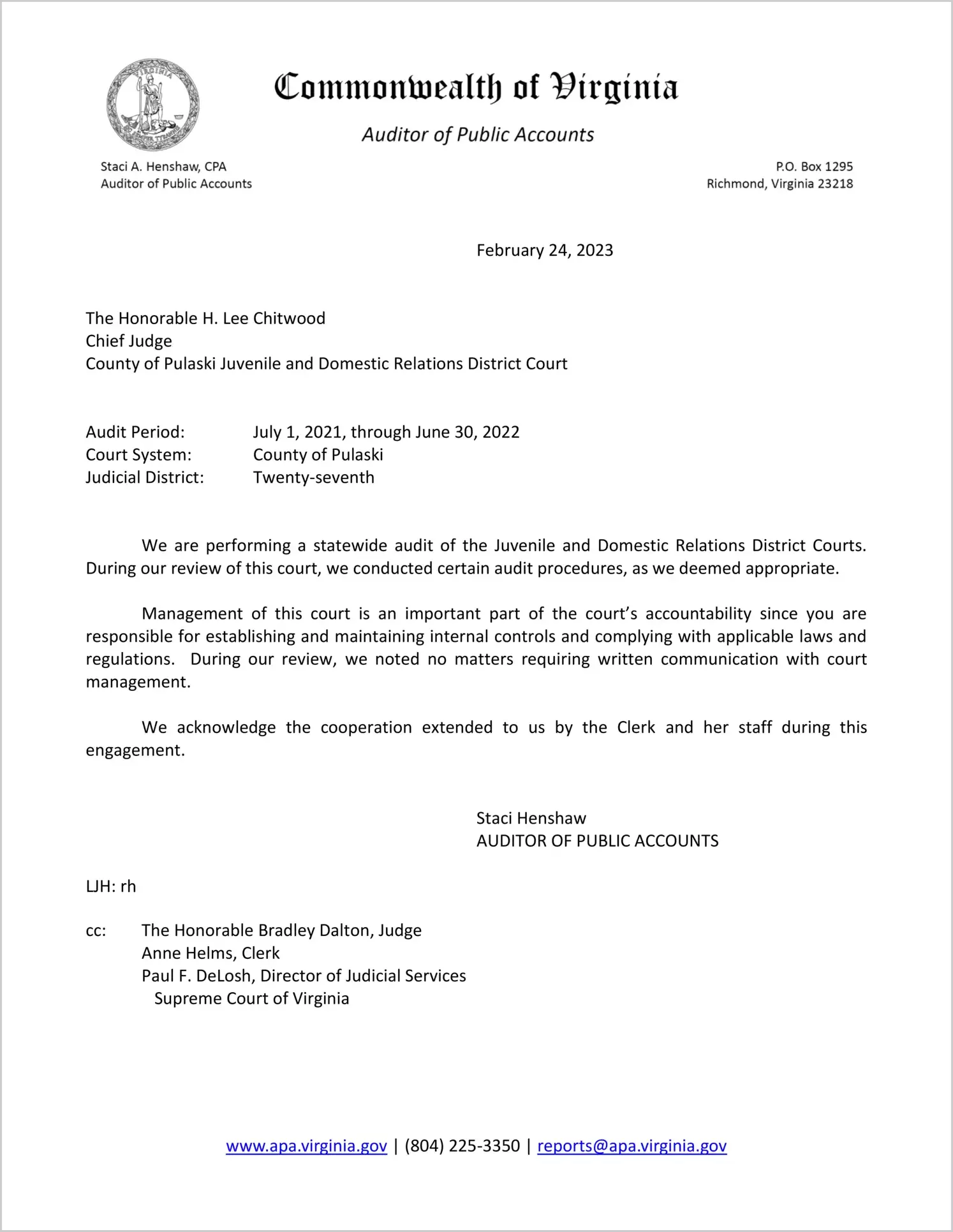 Juvenile and Domestic Relations Court for the County of Pulaski for the period July 1, 2021 through June 30, 2022