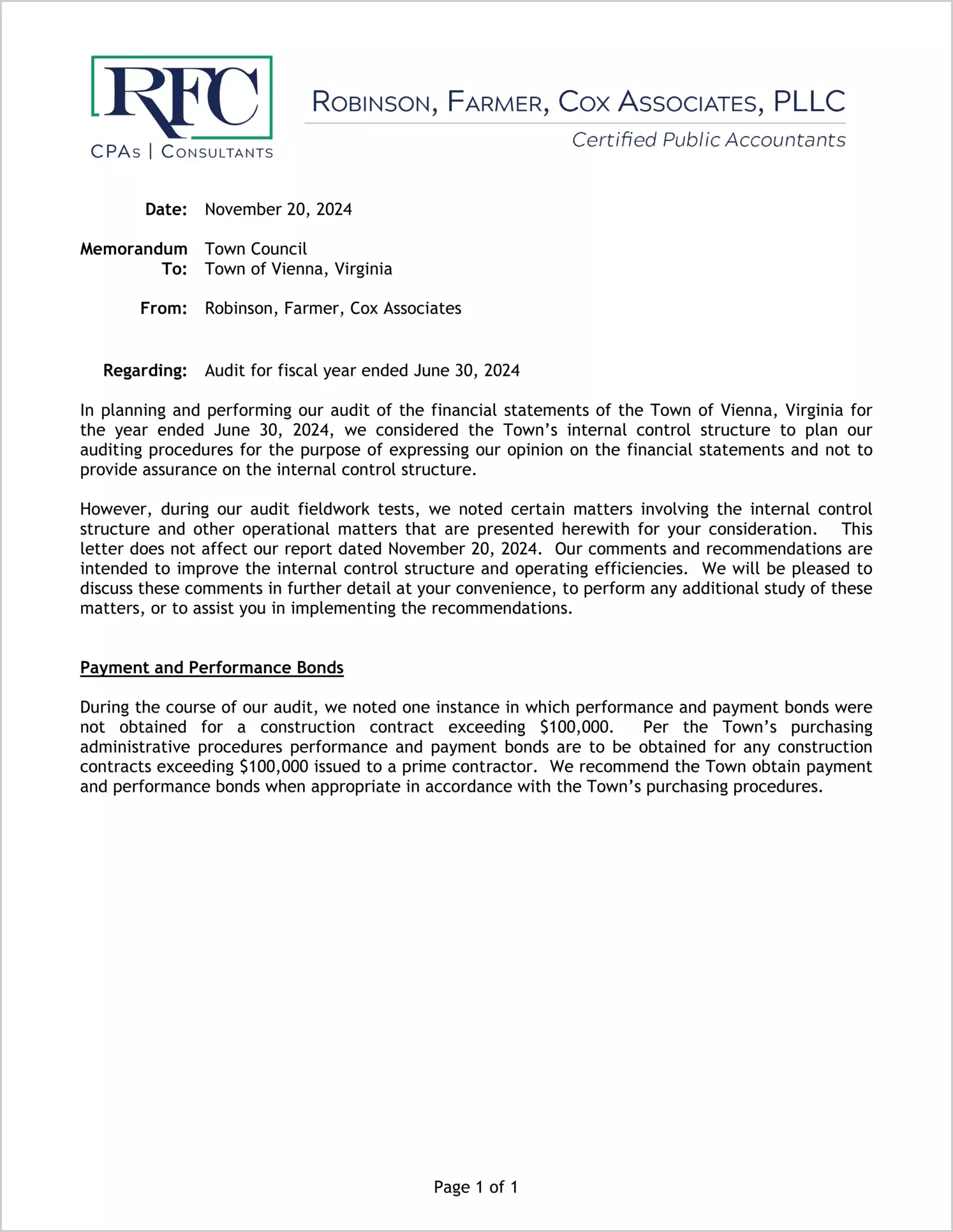 preview of 2024 Management Letter for Town of Vienna