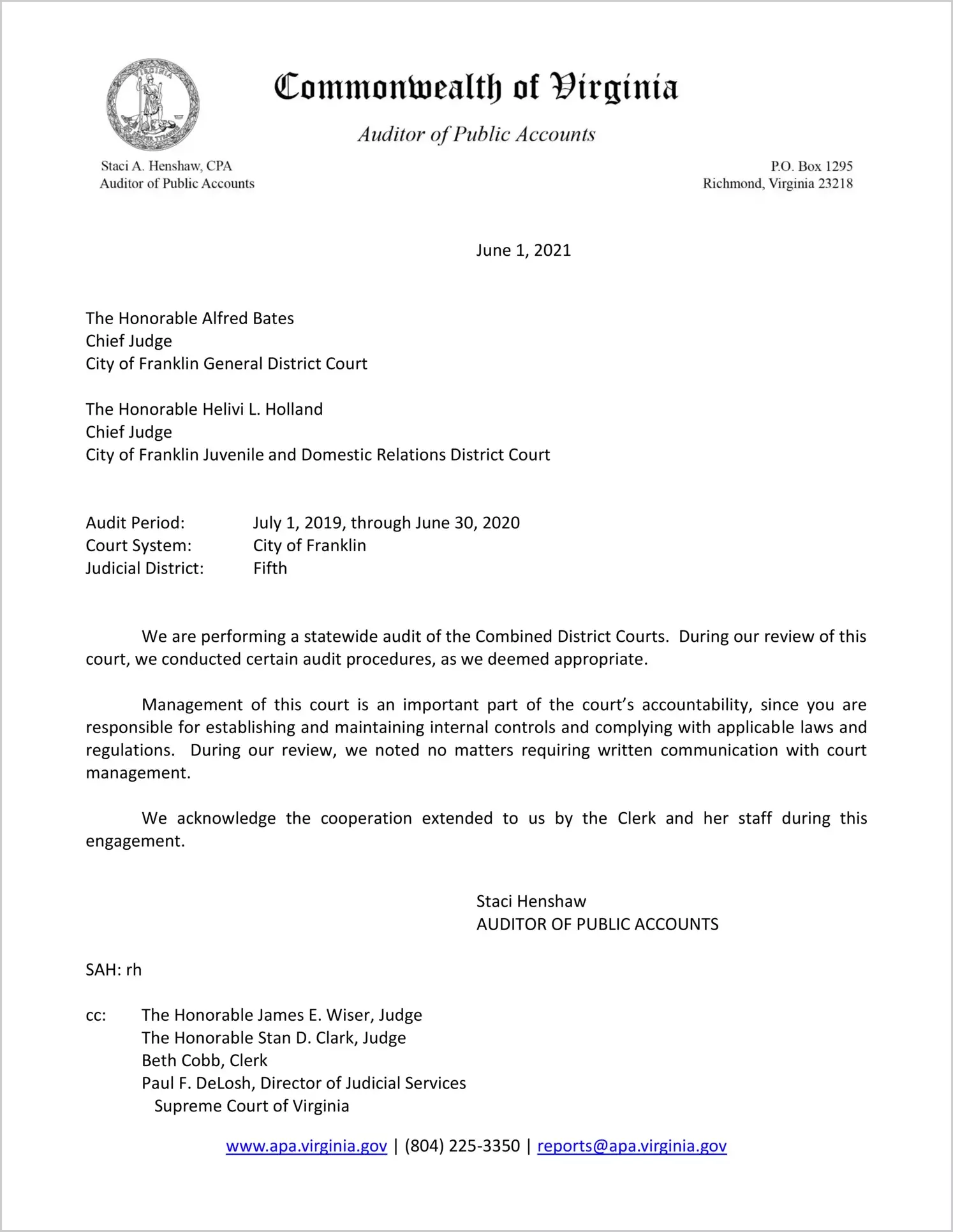Combined District Court for the City of Franklin for the period July 1, 2019 through June 30, 2020