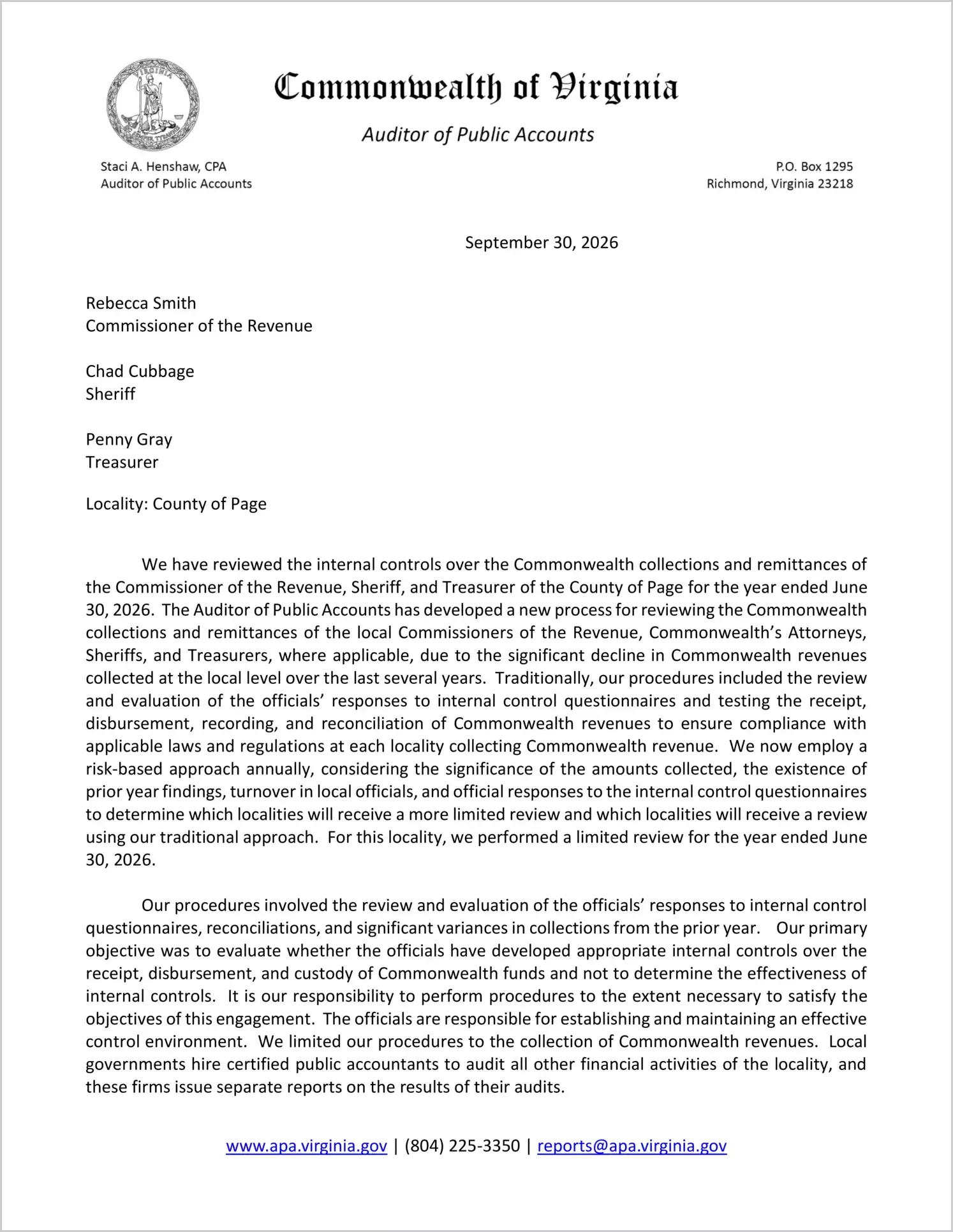 preview of Commonwealth Collections and Remittances of the Commissioner of the Revenue, Sheriff, and Treasurer for the County of Page for the year ended June 30, 2026