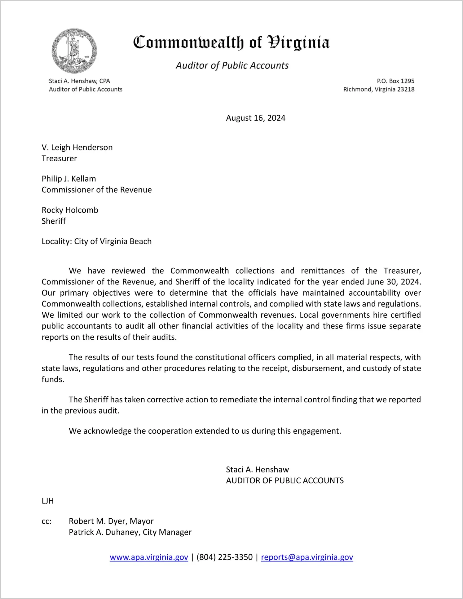 Commonwealth Collections and Remittances for the Treasurer, Commissioner of the Revenue, and Sheriff for the City of Virginia Beach for the year ended June 30, 2024
