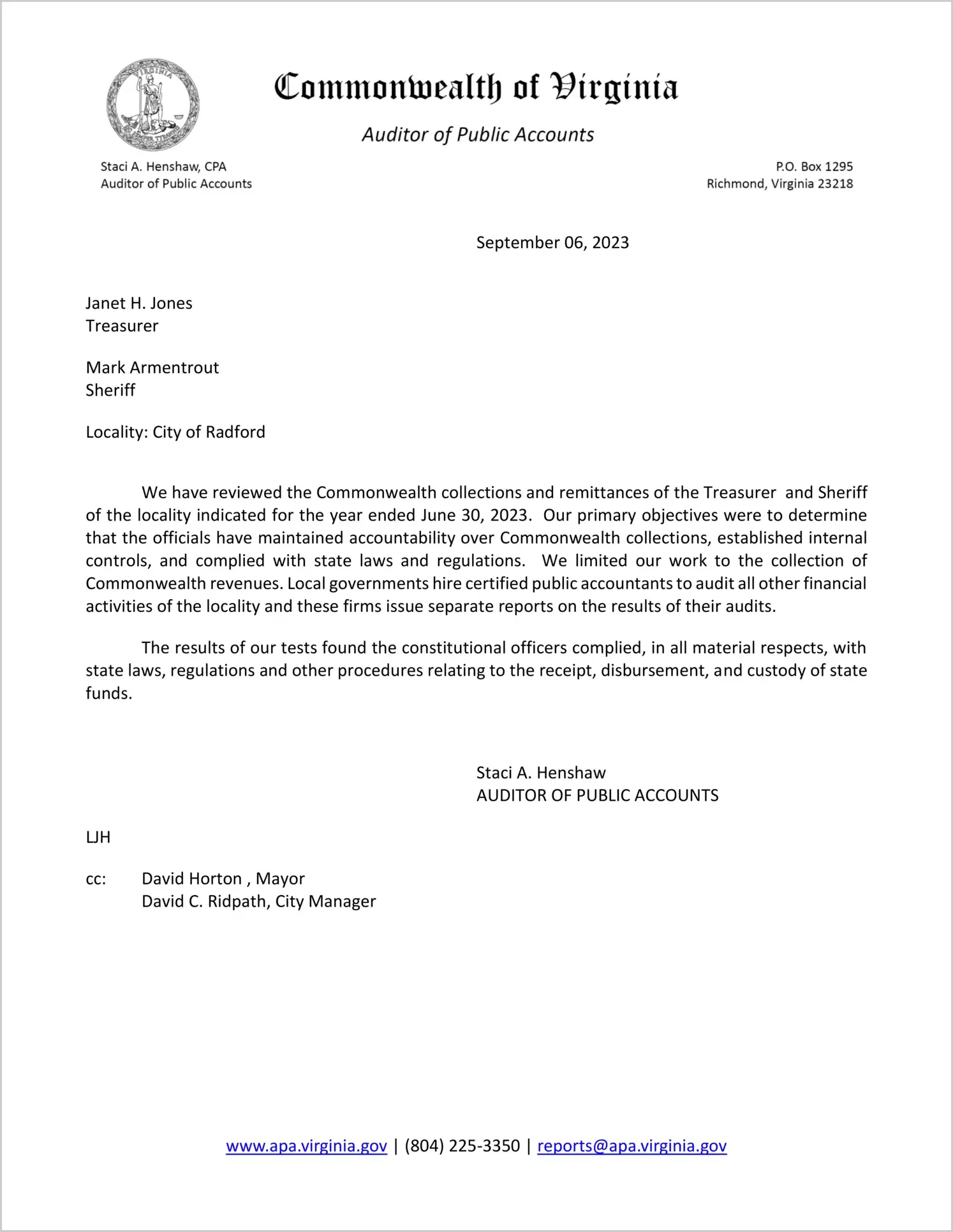 Commonwealth Collections and Remittances of the Treasurer and Sheriff for the City of Radford for the year ended June 30, 2023