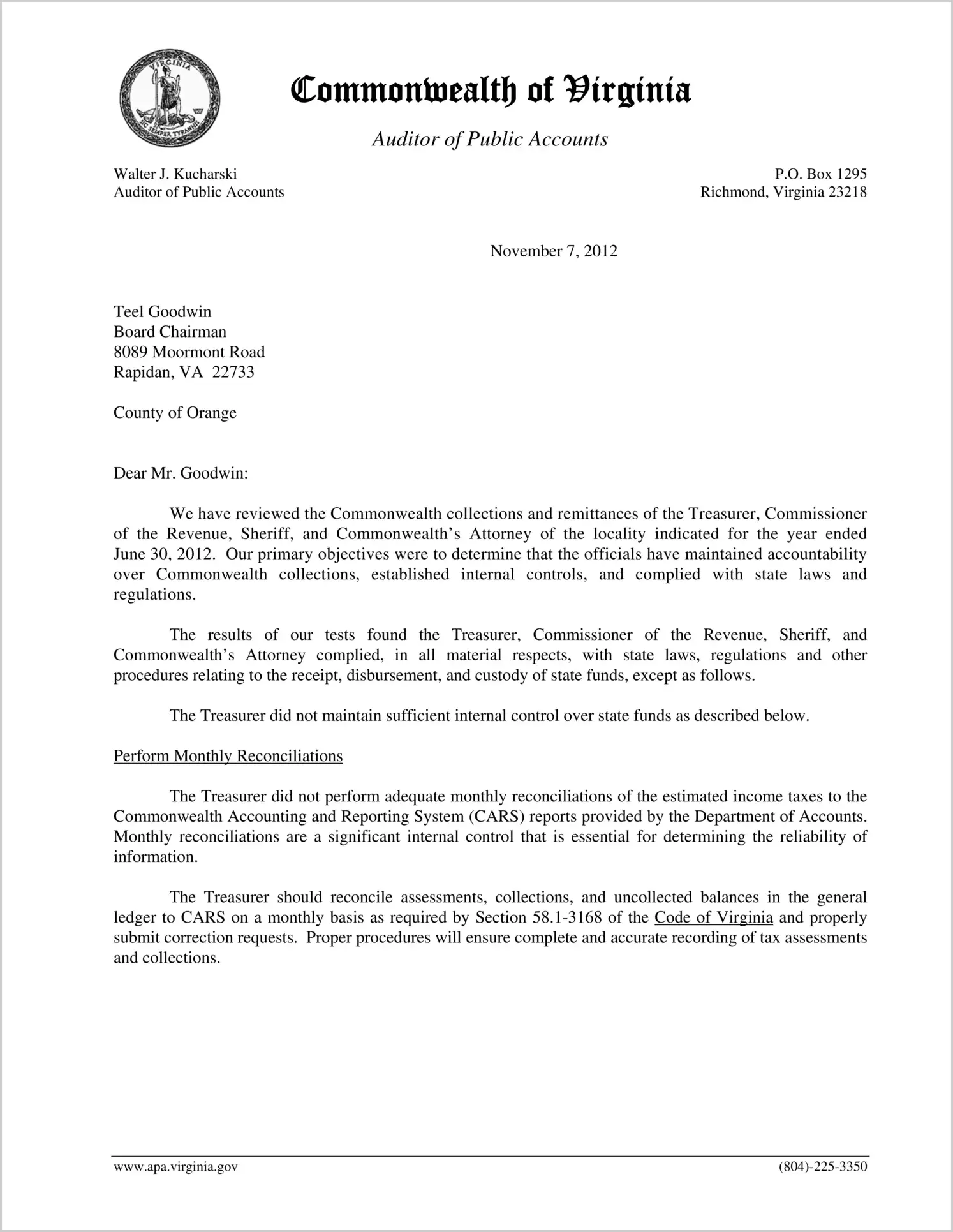 Commonwealth collections and remittances of the Treasurer, Commissioner of the Revenue, and Sheriff of the County of Orange for the year ended June 30, 2012