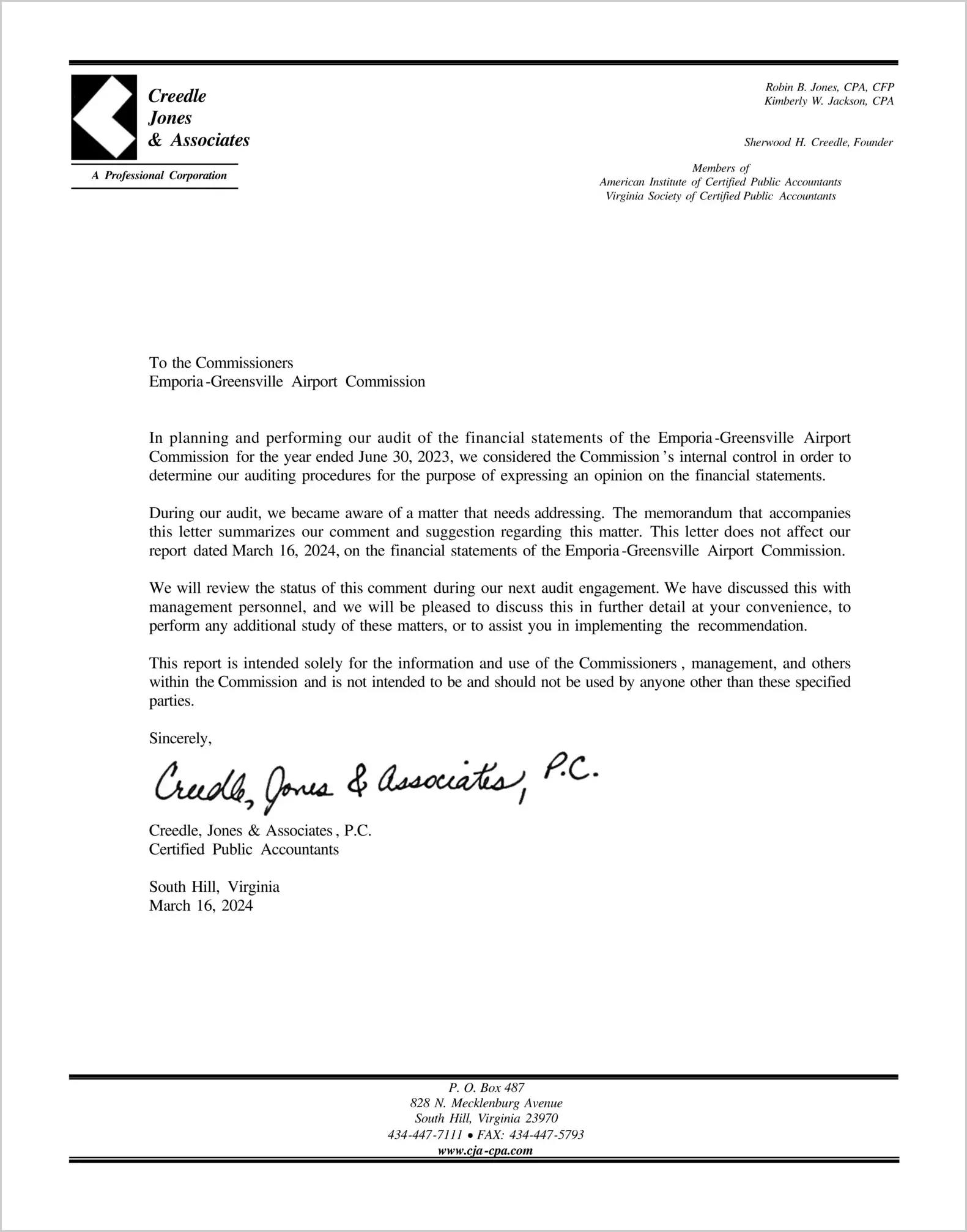 preview of 2023 ABC/Other Management Letter for Emporia-Greensville Airport Commission