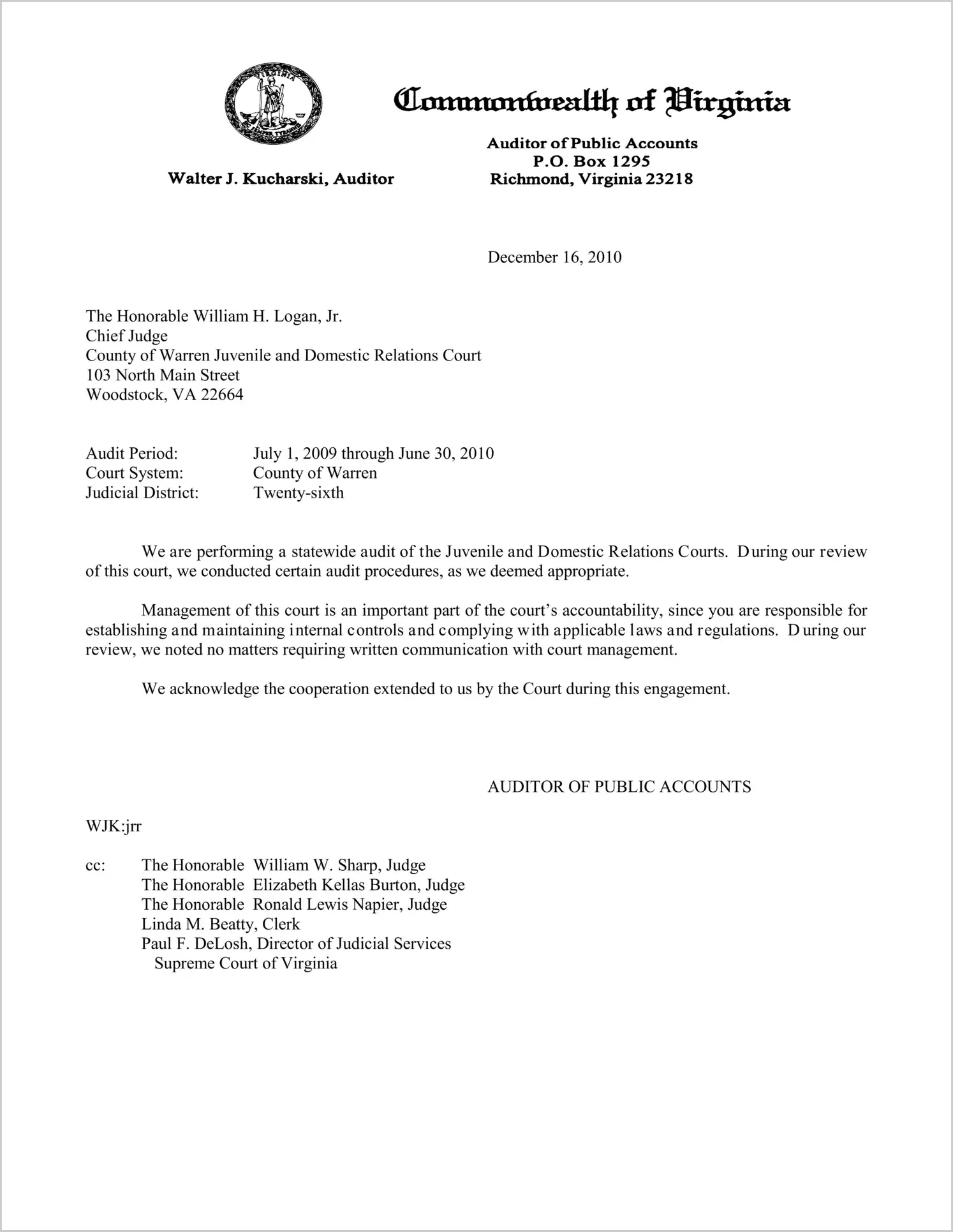 Clerk of the Juvenile and Domestic Relations Court for the County of Warren for the period July 1, 2009 through June 30, 2010