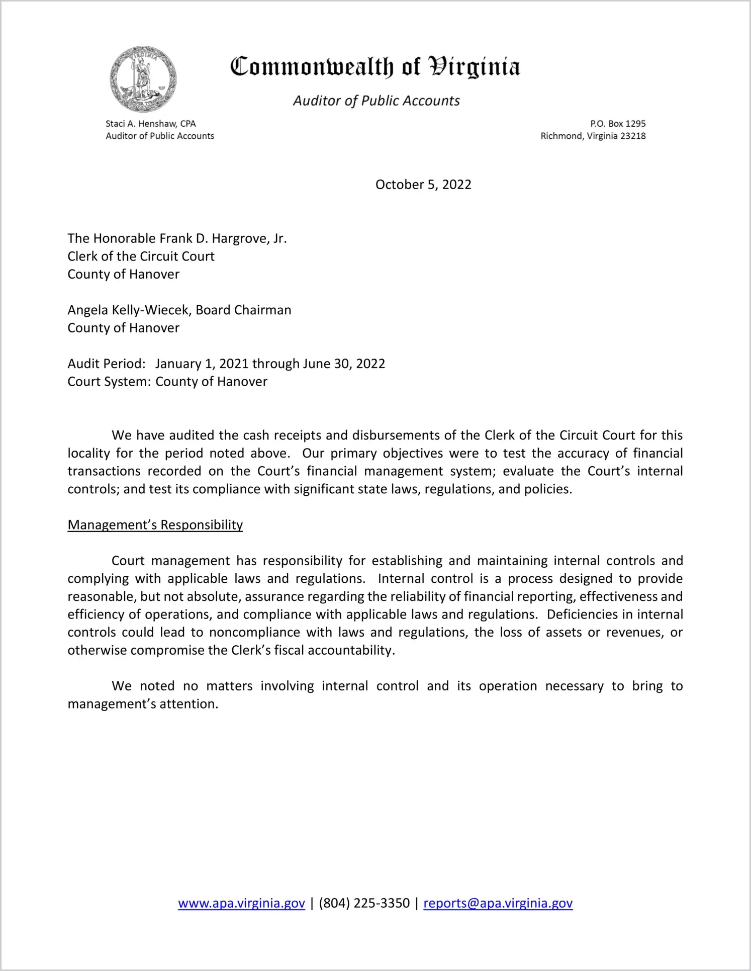 Clerk of the Circuit Court for the County of Hanover for the period January 1, 2021 through June 30, 2022