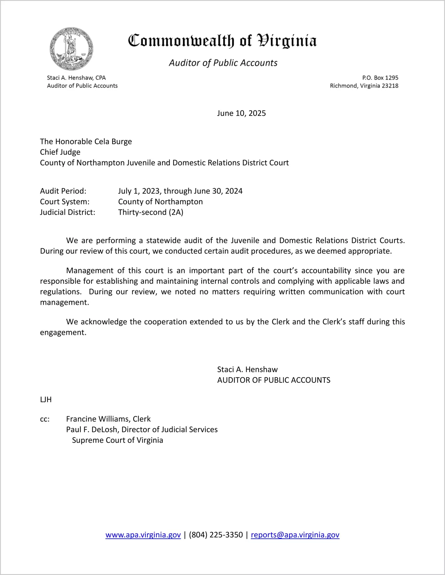 Juvenile and Domestic Relations District Court for the County of Northampton for the period July 1, 2023 through June 30, 2024