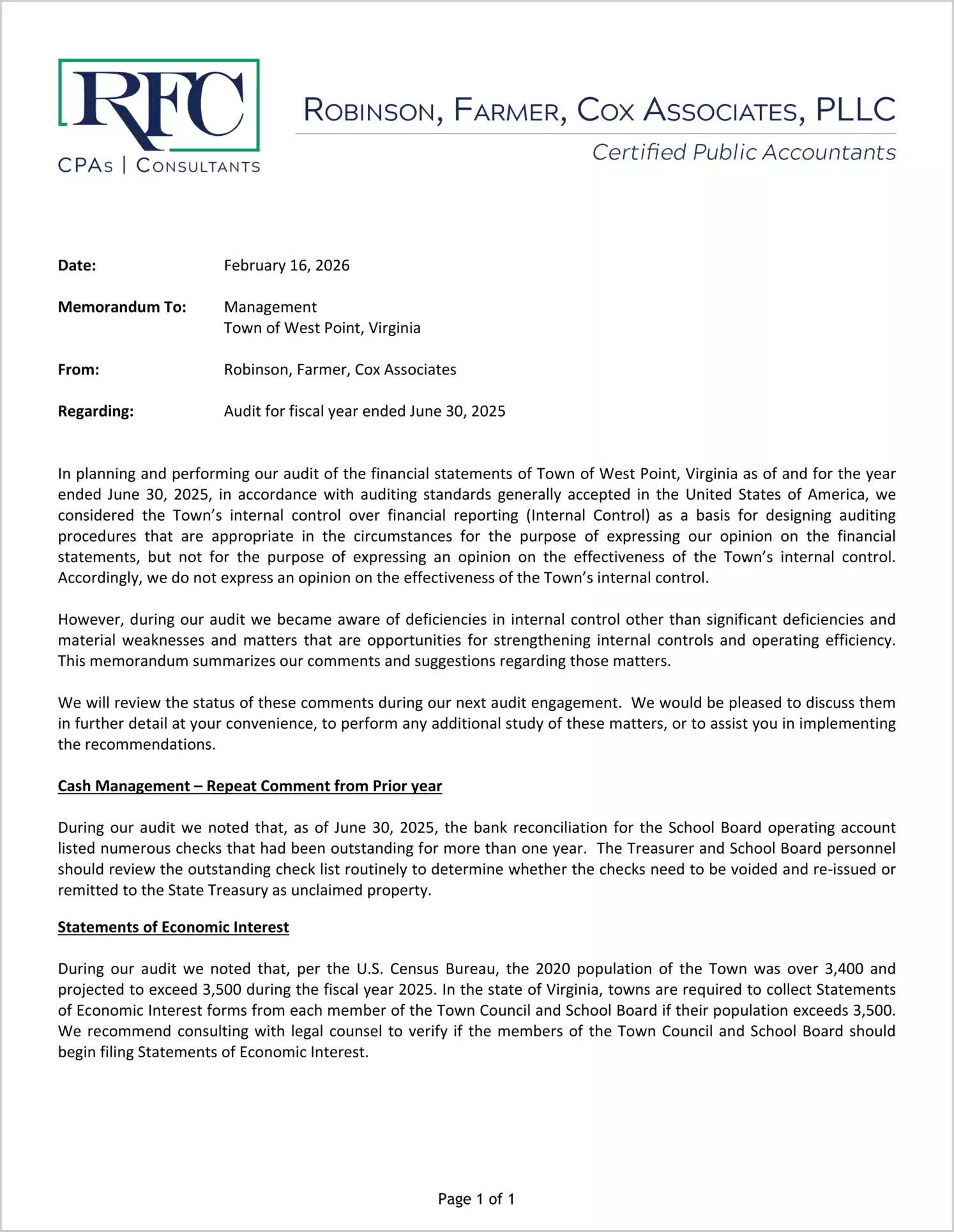 preview of 2025 Management Letter for Town of West Point