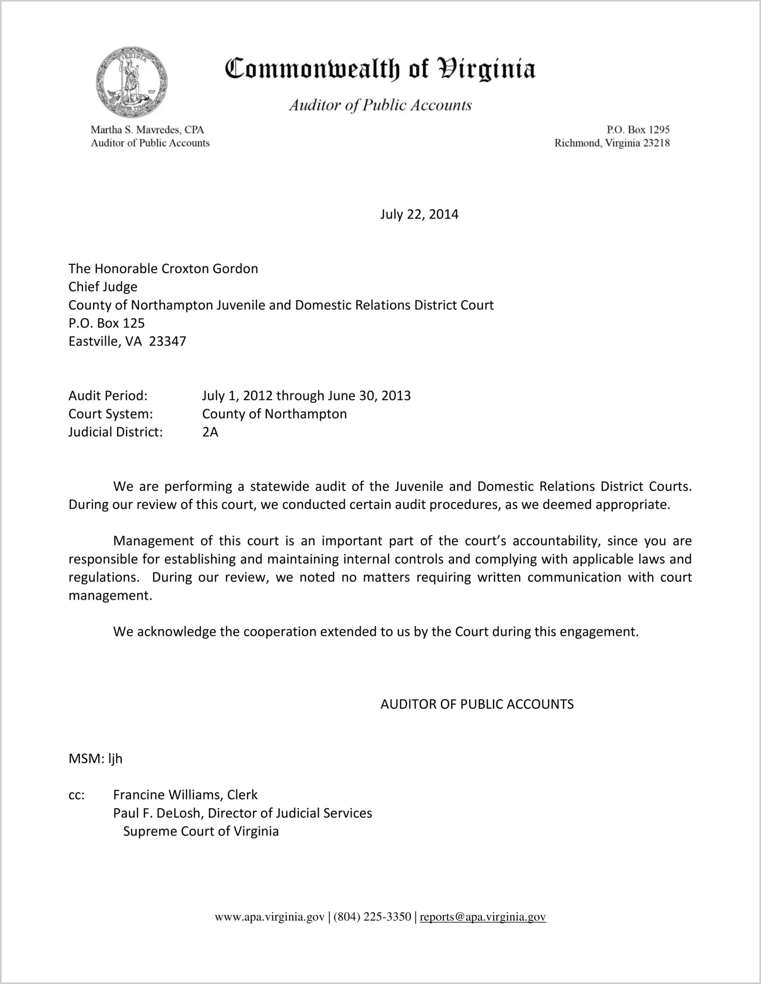Clerk of the Juvenile and Domestic Relations Court for the County of Northampton Report on Audit for the period July 1, 2012 through June 30, 2013