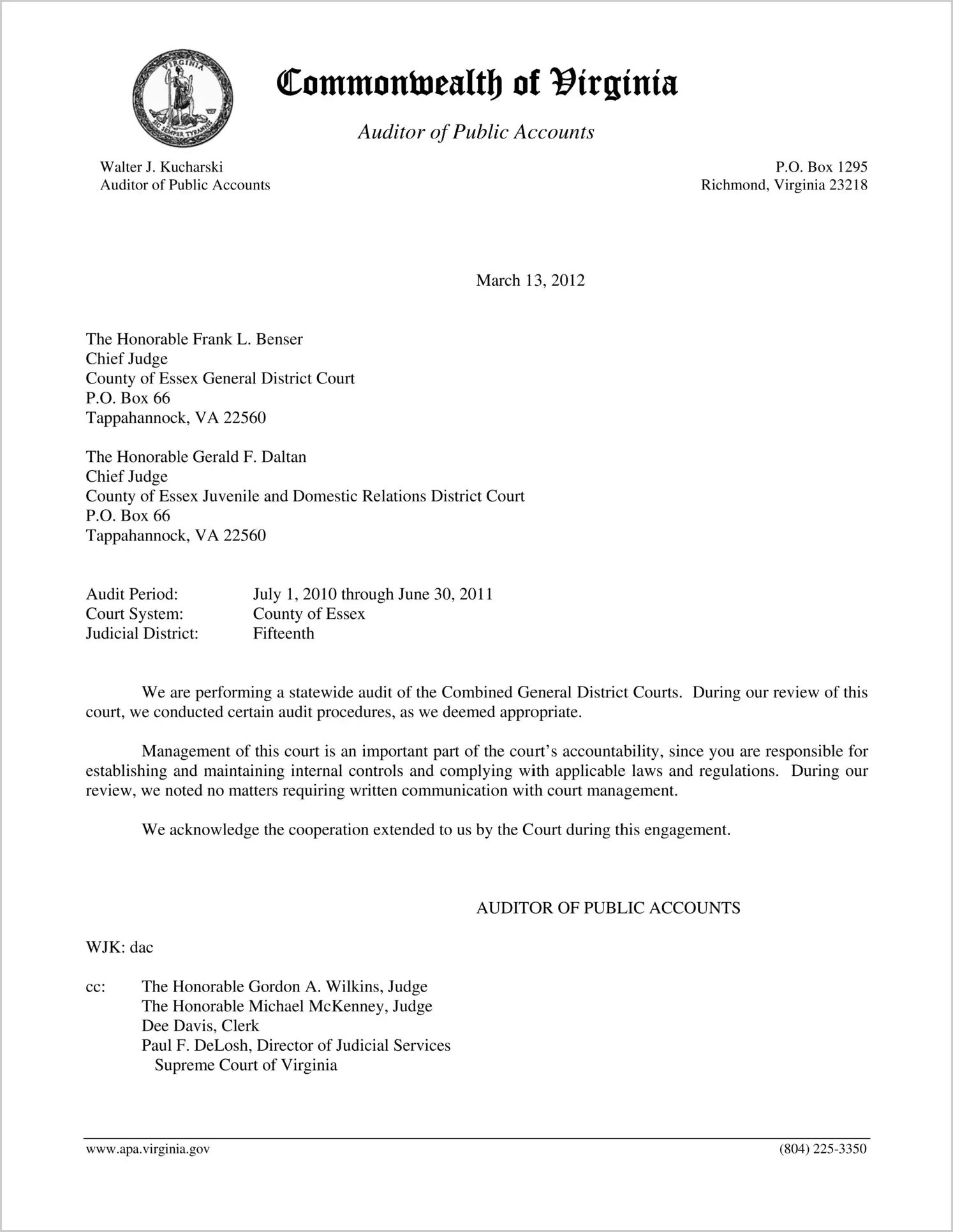 Clerk of the Combined General District Court for the County of Essex Report on Audit for the period July 1, 2010 through June 30, 2011