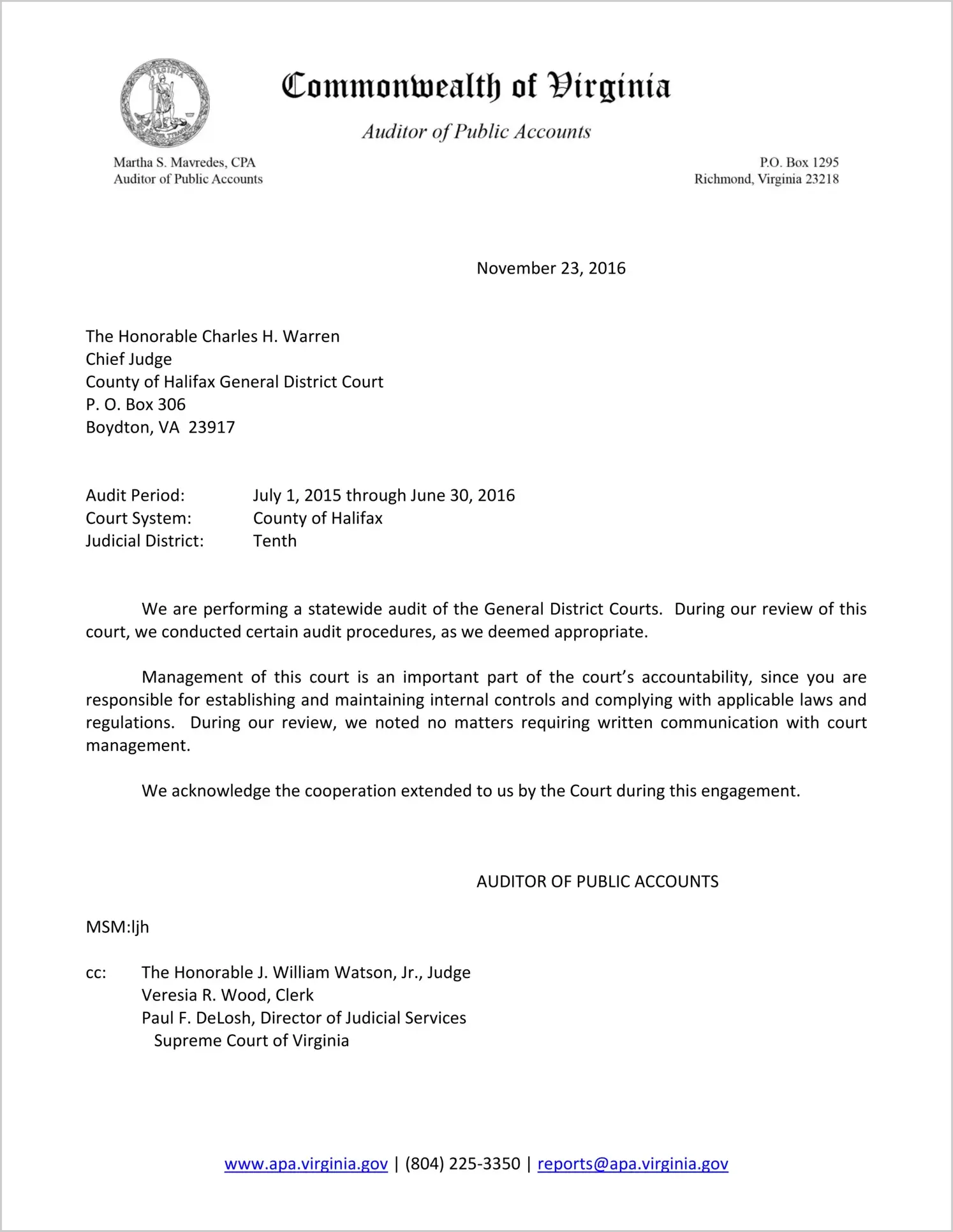 Clerk of the General District Court for the County of Halifax Report on Audit for the period July 1, 2015 through June 30, 2016