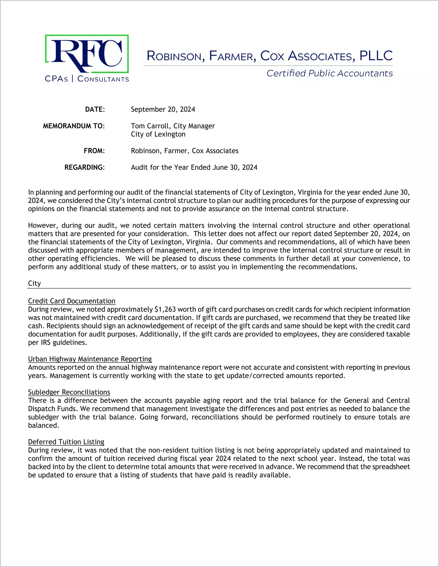 preview of 2024 Management Letter for City of Lexington