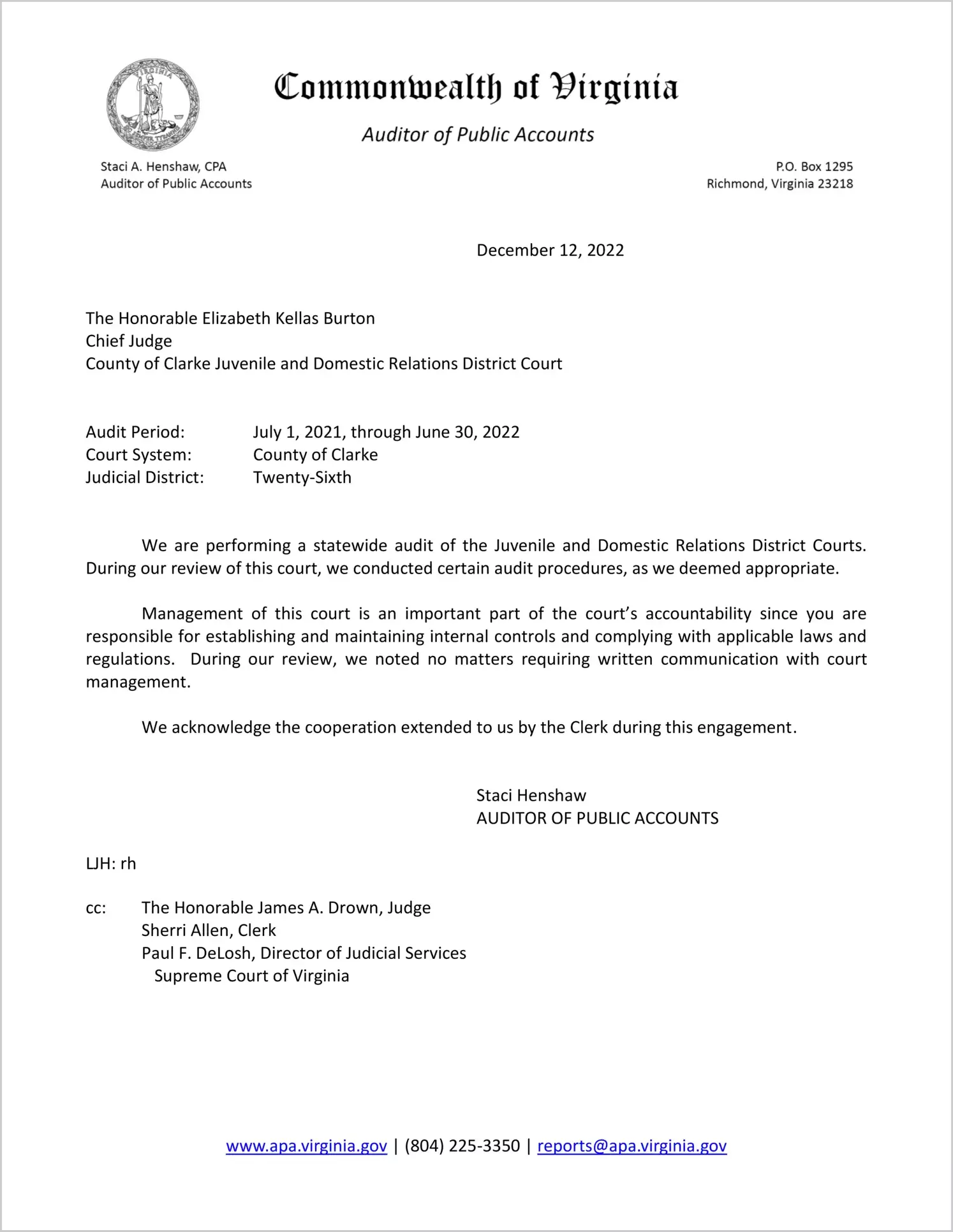 Juvenile and Domestic Relations Court for the County of Clarke for the period July 1, 2021 through June 30, 2022