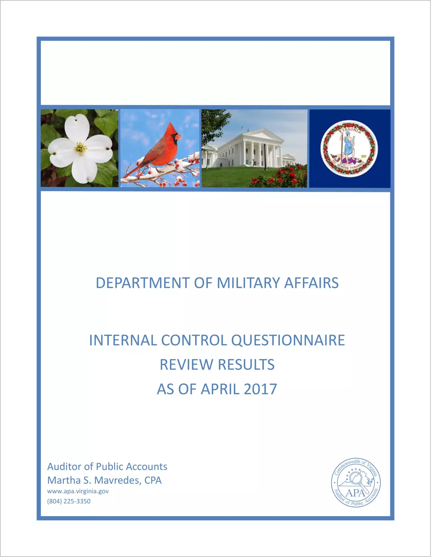 Department of Military Affairs Internal Control Questionnaire Review as of April 2017