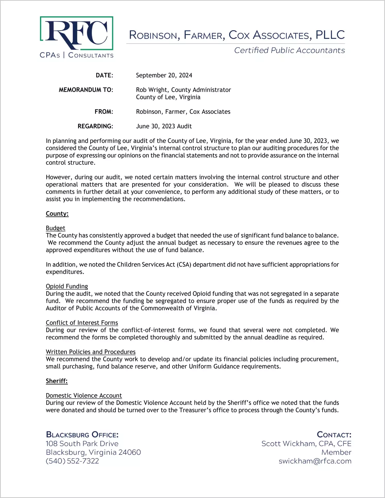 preview of 2023 Management Letter for County of Lee
