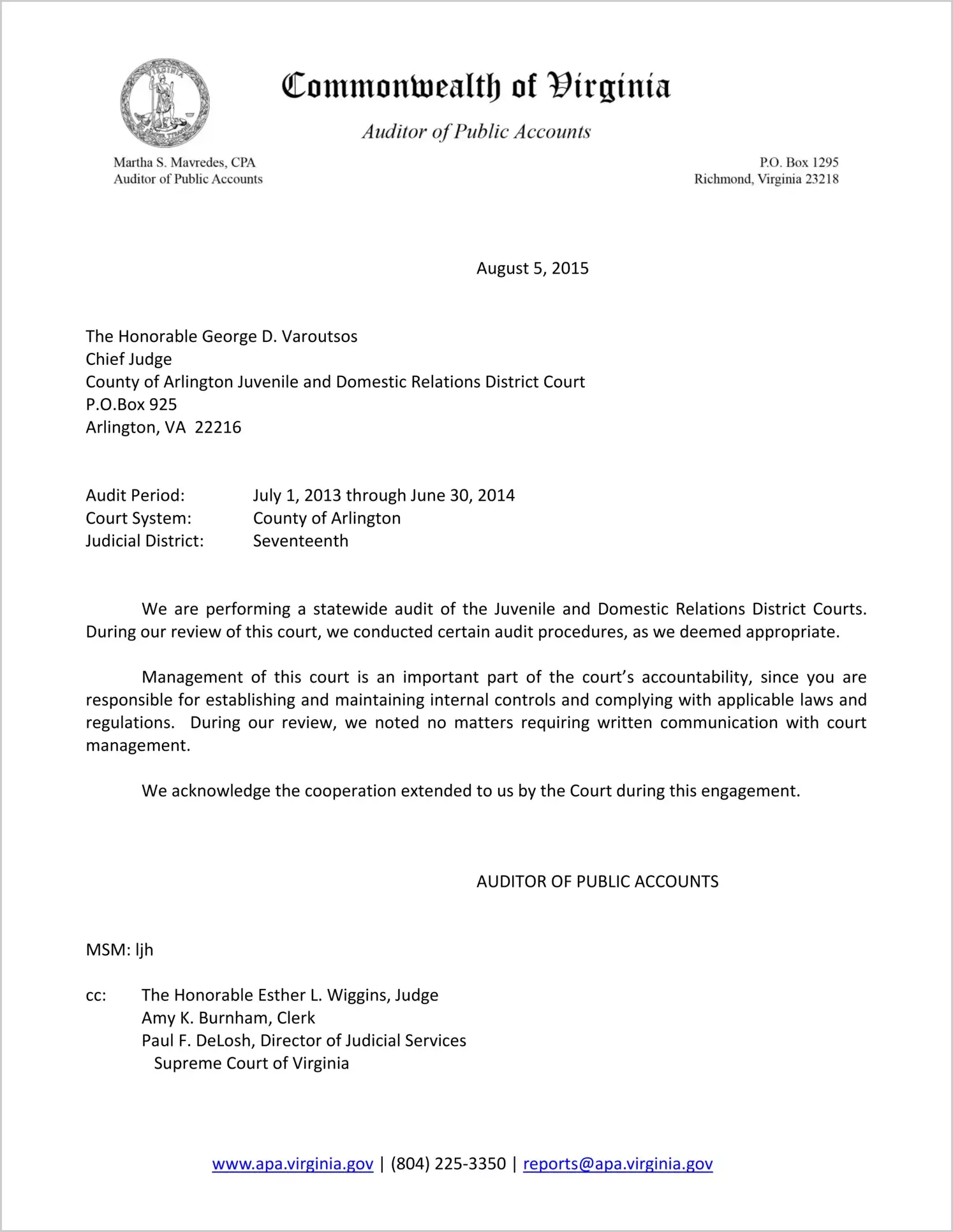 Clerk of the Juvenile and Domestic Relations Court for the County of Arlington Report on Audit for the period July 1, 2013 through June 30, 2014