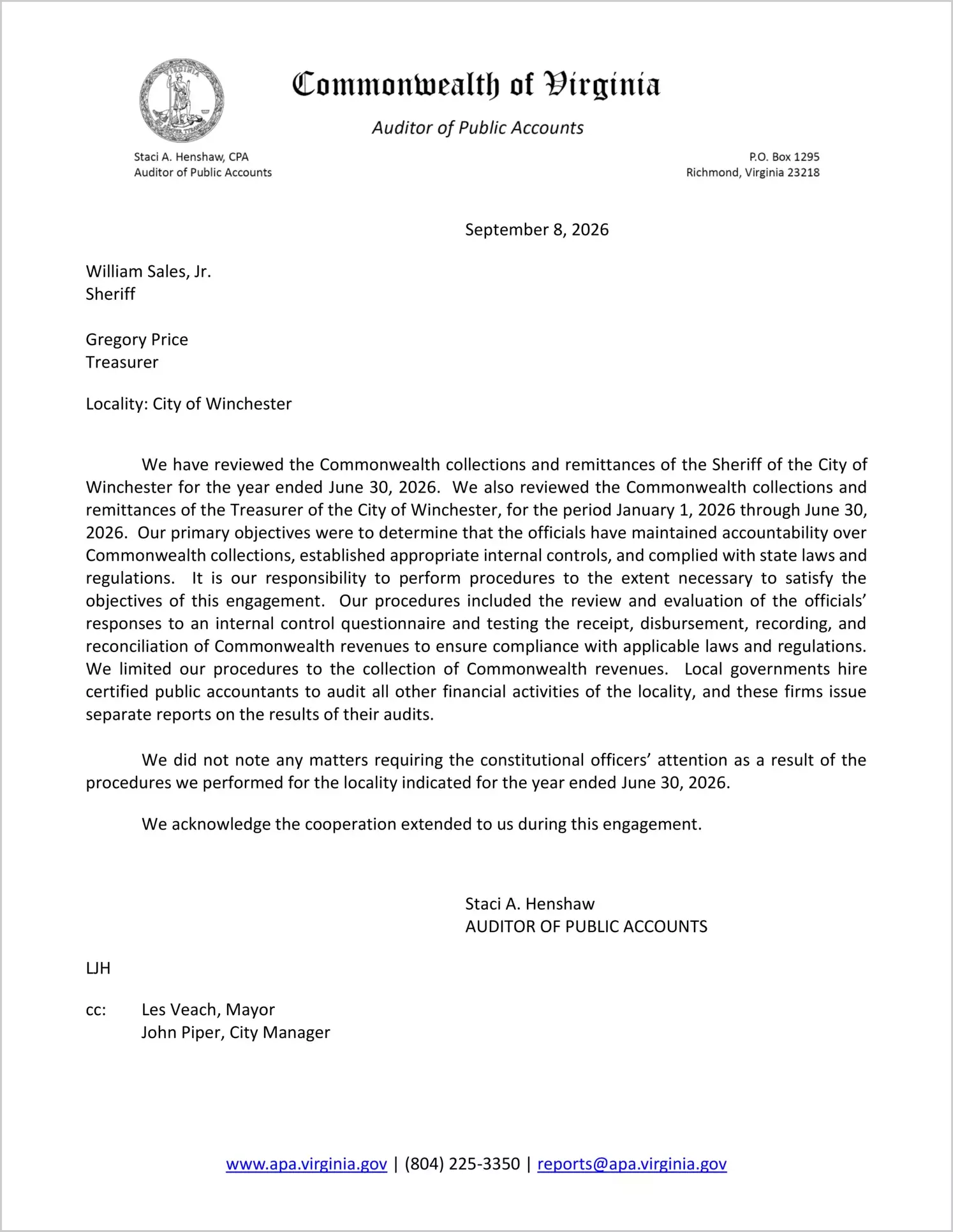 preview of Commonwealth Collections and Remittances of the Sheriff for the City of Winchester for the year ended June 30, 2026, and the Treasurer for the period January 1, 2026 through June 30, 2026