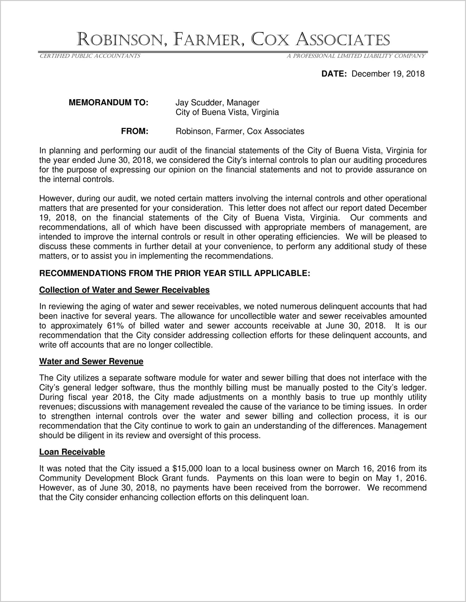 2018 Management Letter for City of Buena Vista