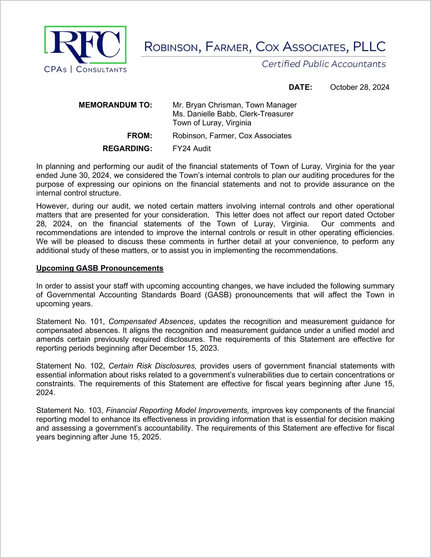 preview of 2024 Management Letter for Town of Luray