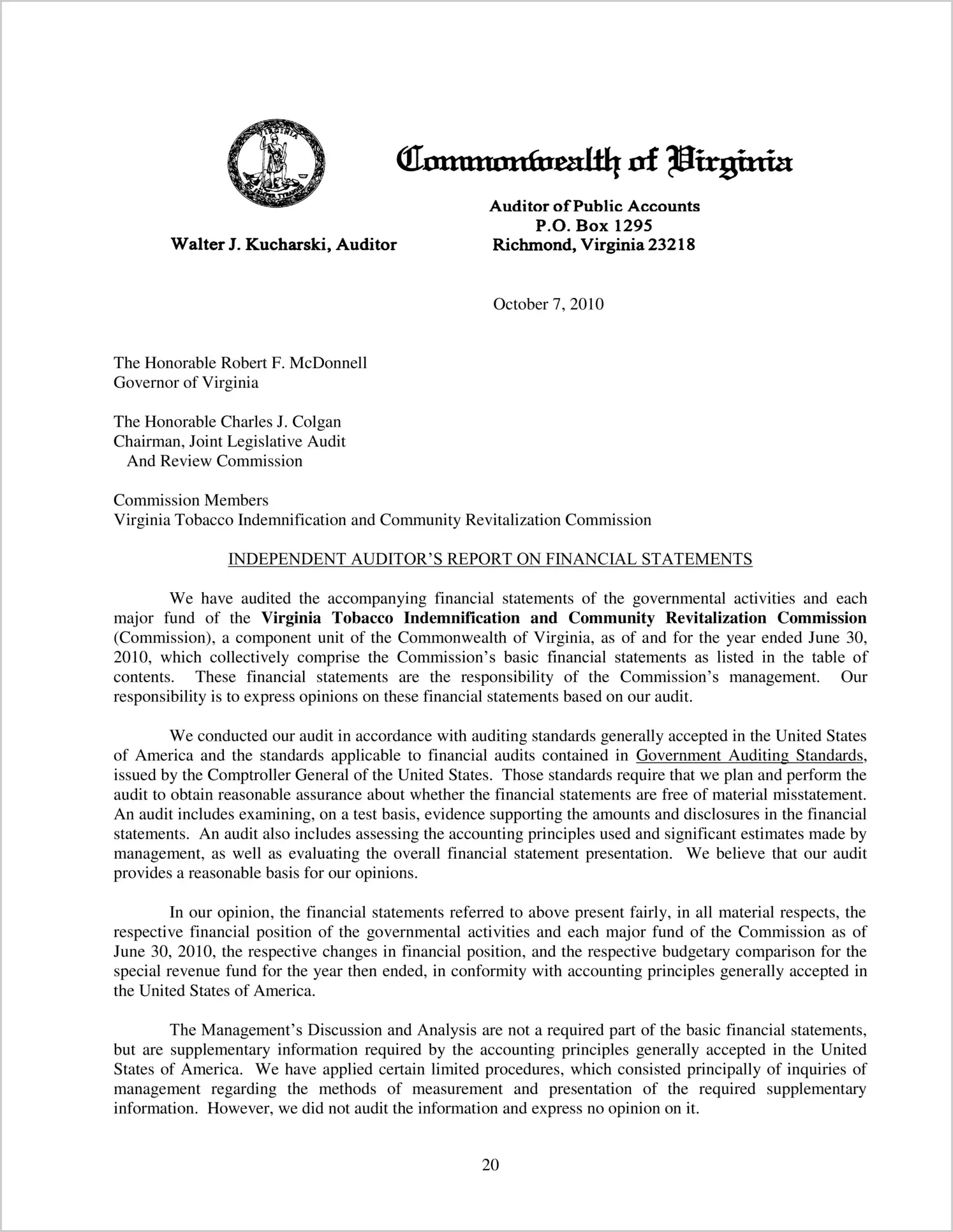 Virginia Tobacco Indemnification and Community Revitalization Financial Statements or the year ended June 30, 2010
