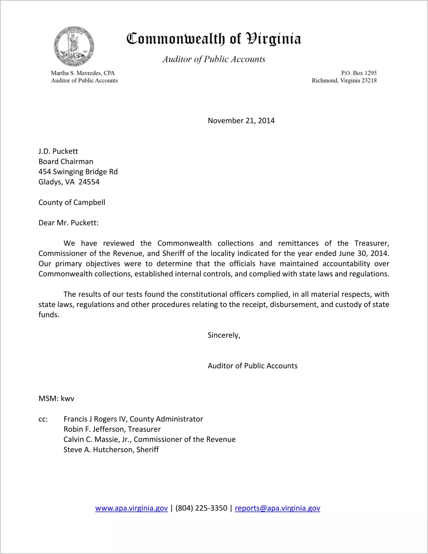 Commonwealth collections and remittances of the Treasurer, Commissioner of the Revenue, and Sheriff of the County of Campbell for the year ended June 30, 2014