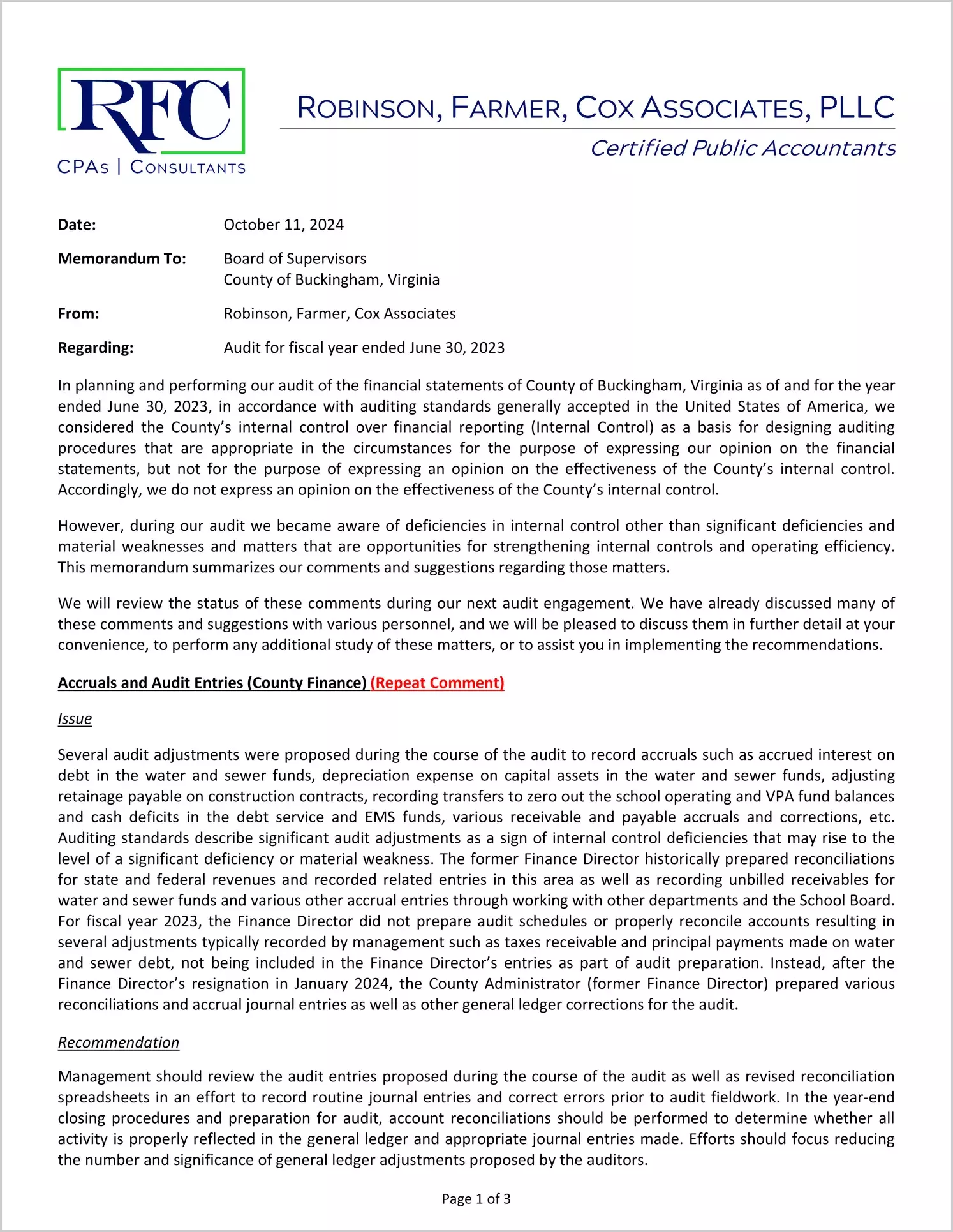 preview of 2023 Management Letter for County of Buckingham