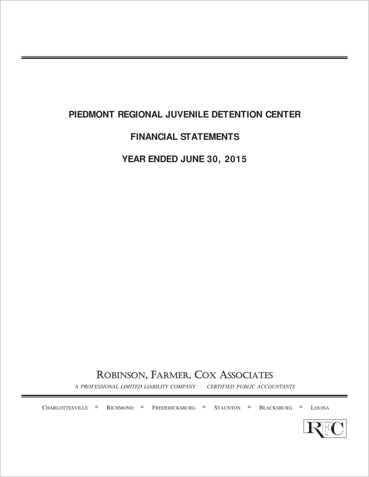 2015 ABC/Other Annual Financial Report  for Piedmont Juvenile Detention Center Commission