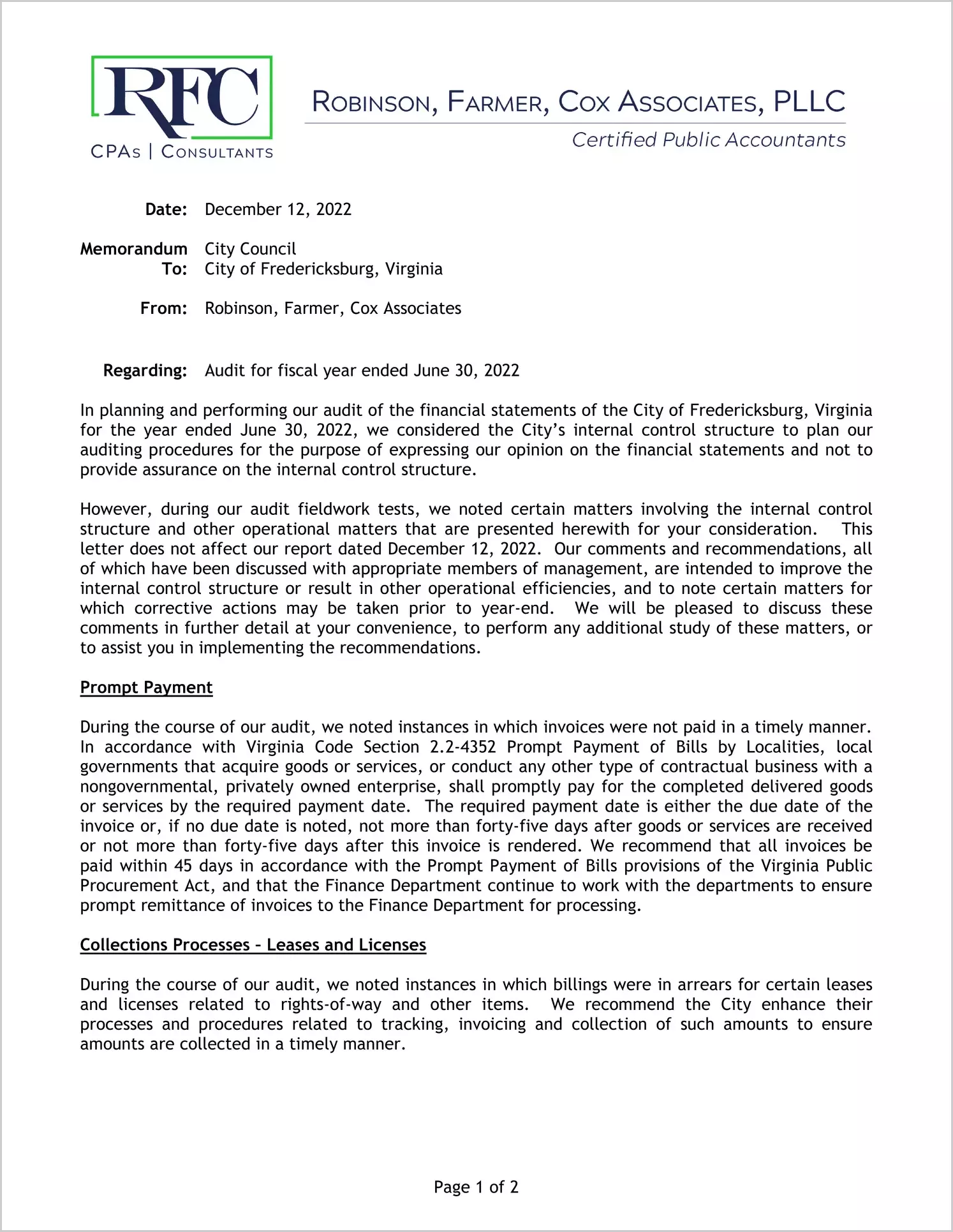preview of 2022 Management Letter for City of Fredericksburg